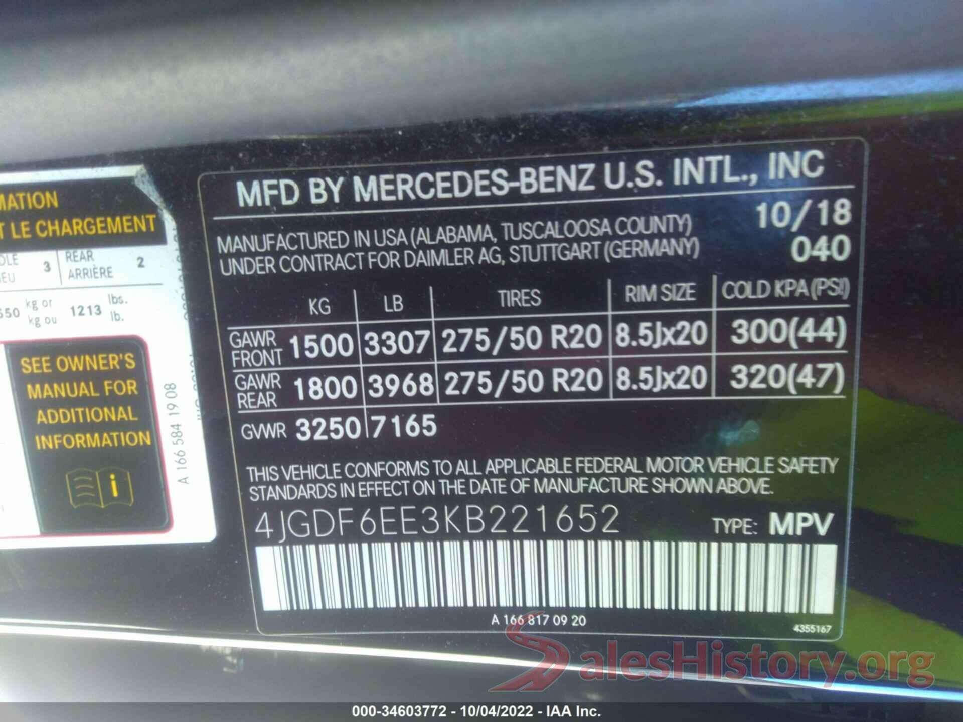 4JGDF6EE3KB221652 2019 MERCEDES-BENZ GLS