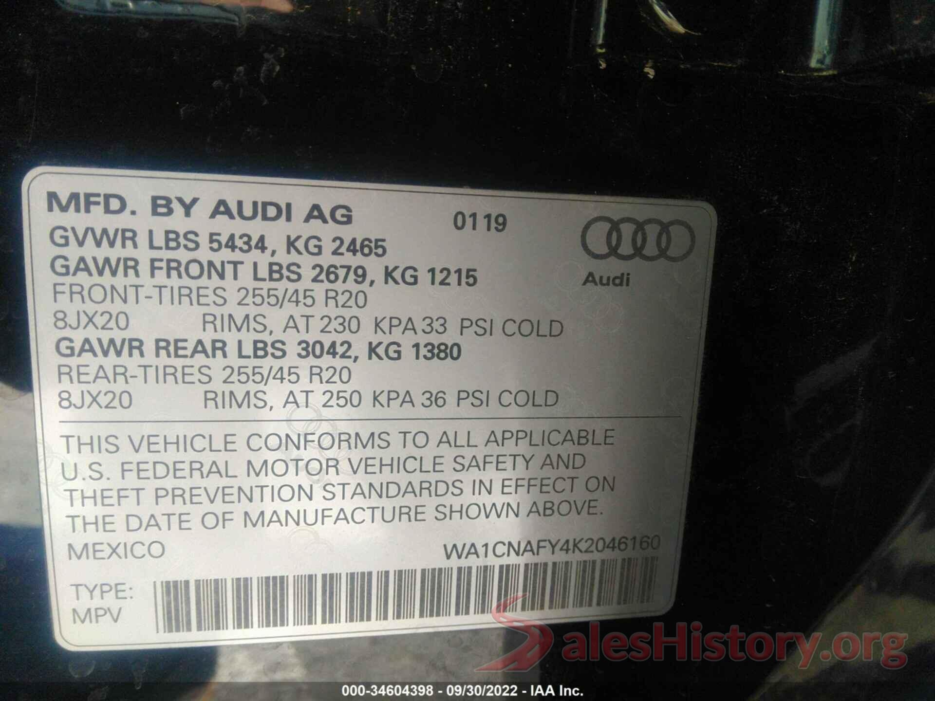 WA1CNAFY4K2046160 2019 AUDI Q5