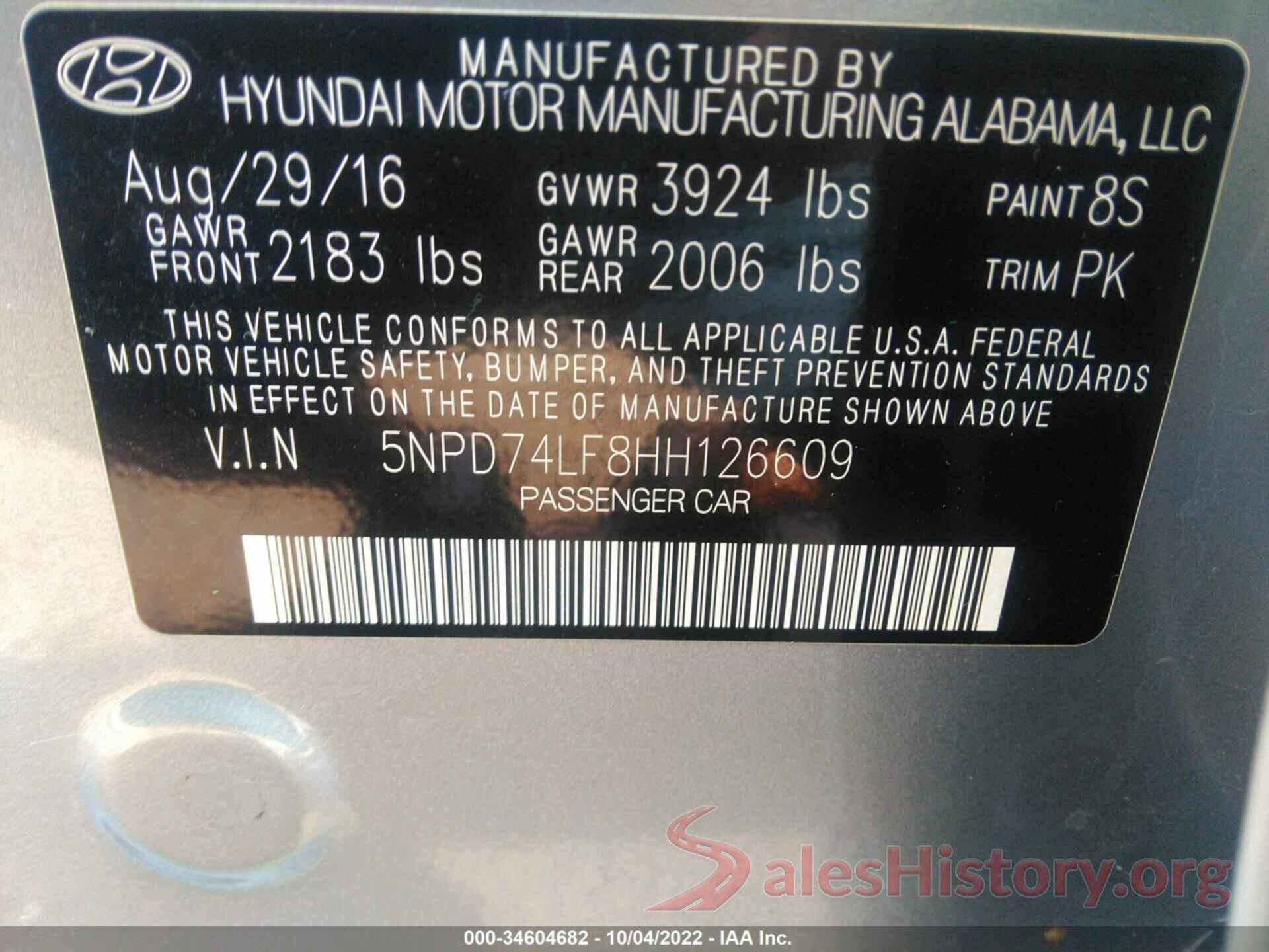 5NPD74LF8HH126609 2017 HYUNDAI ELANTRA