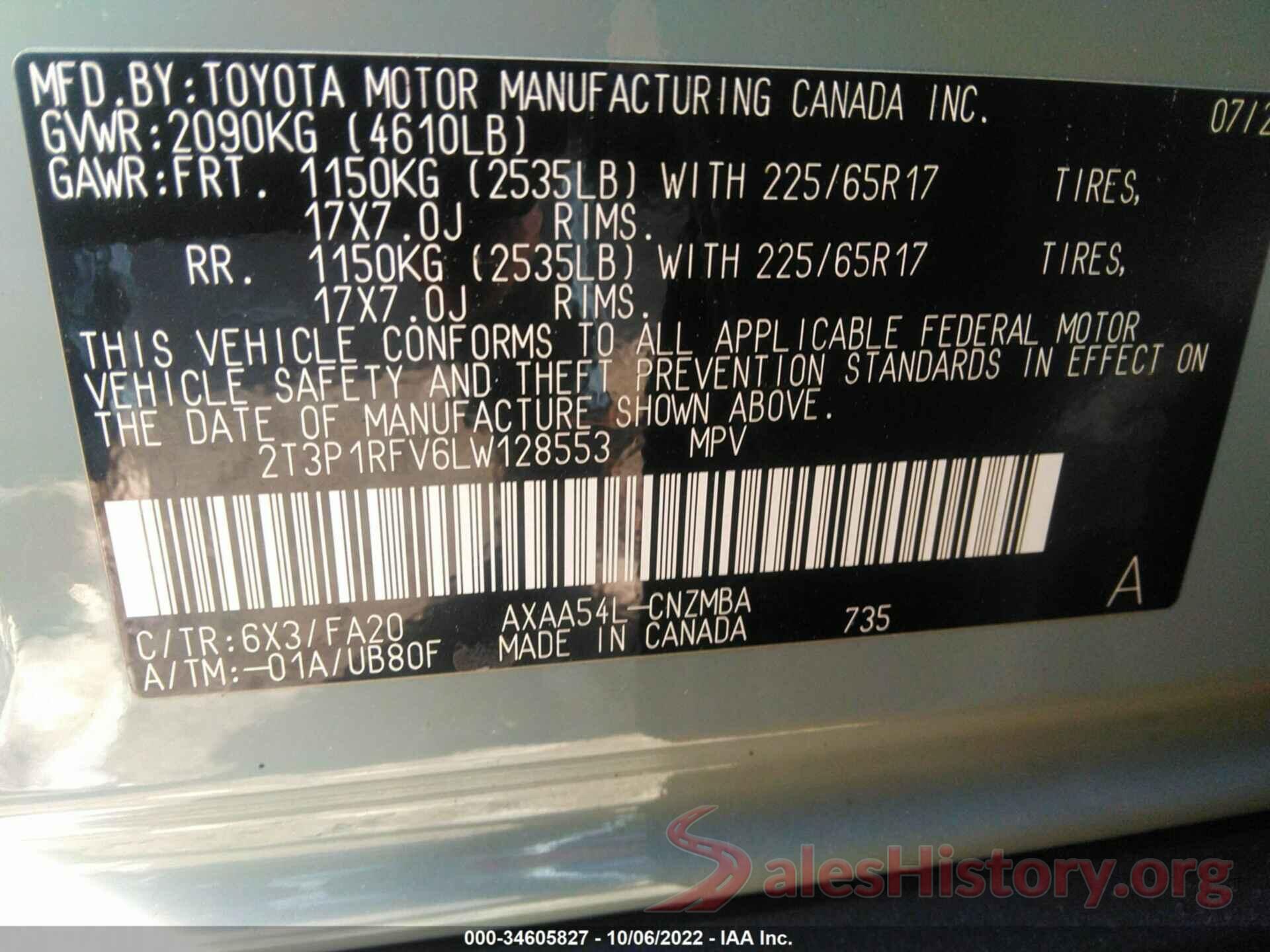 2T3P1RFV6LW128553 2020 TOYOTA RAV4