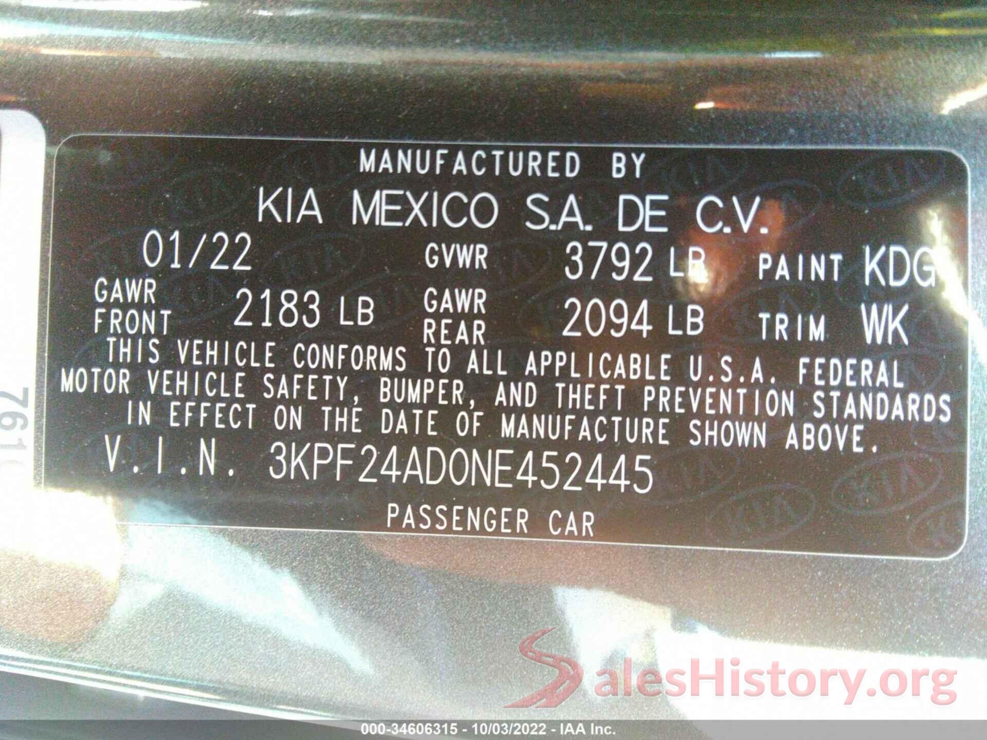 3KPF24AD0NE452445 2022 KIA FORTE