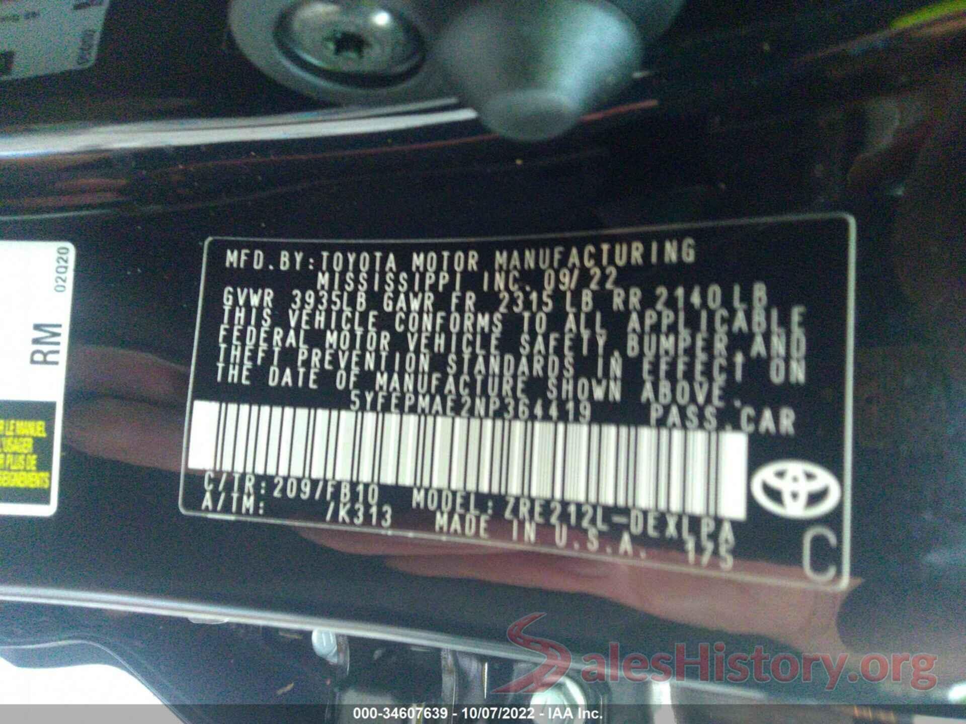 5YFEPMAE2NP364419 2022 TOYOTA COROLLA