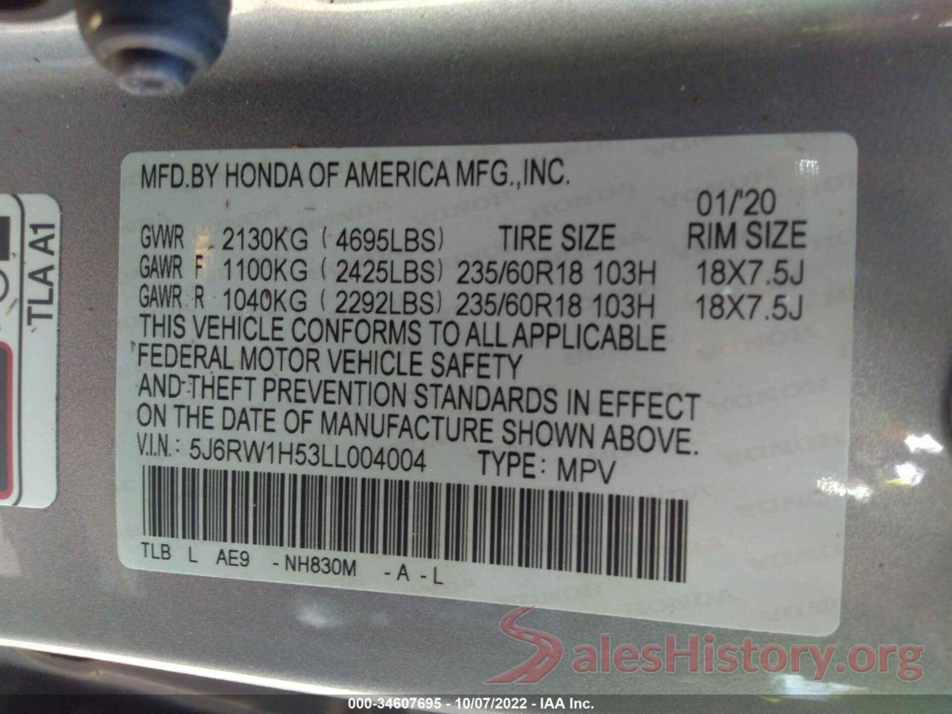 5J6RW1H53LL004004 2020 HONDA CR-V