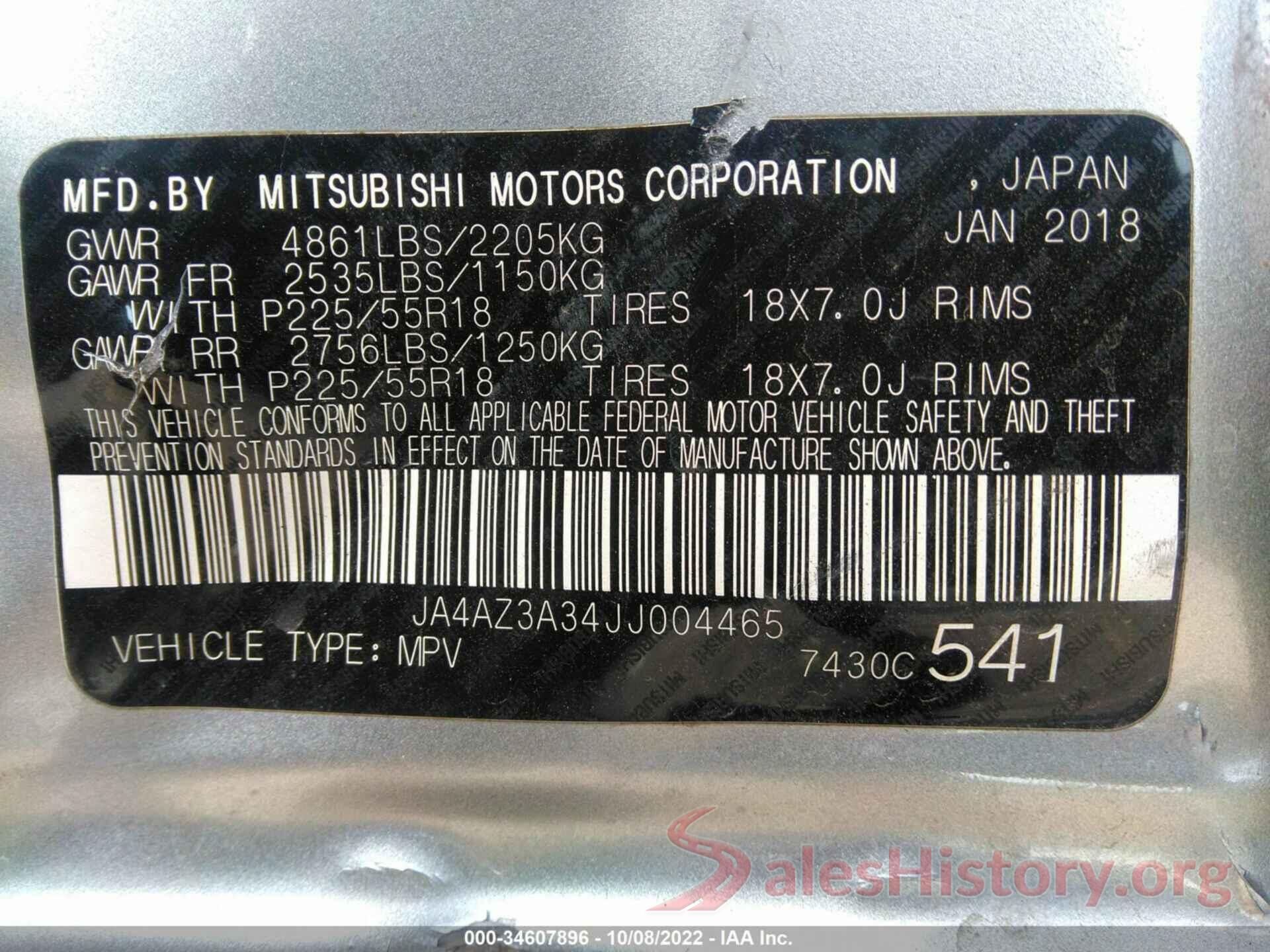 JA4AZ3A34JJ004465 2018 MITSUBISHI OUTLANDER