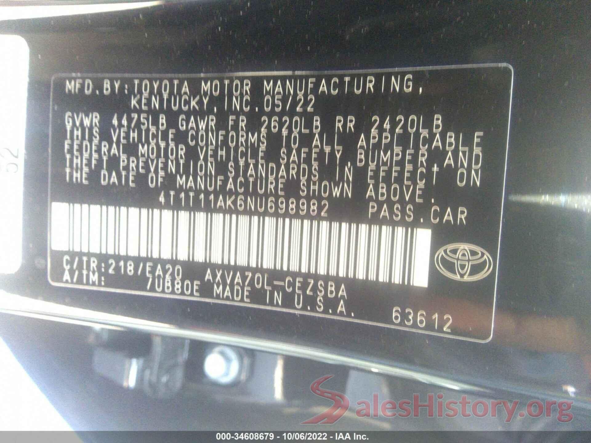 4T1T11AK6NU698982 2022 TOYOTA CAMRY