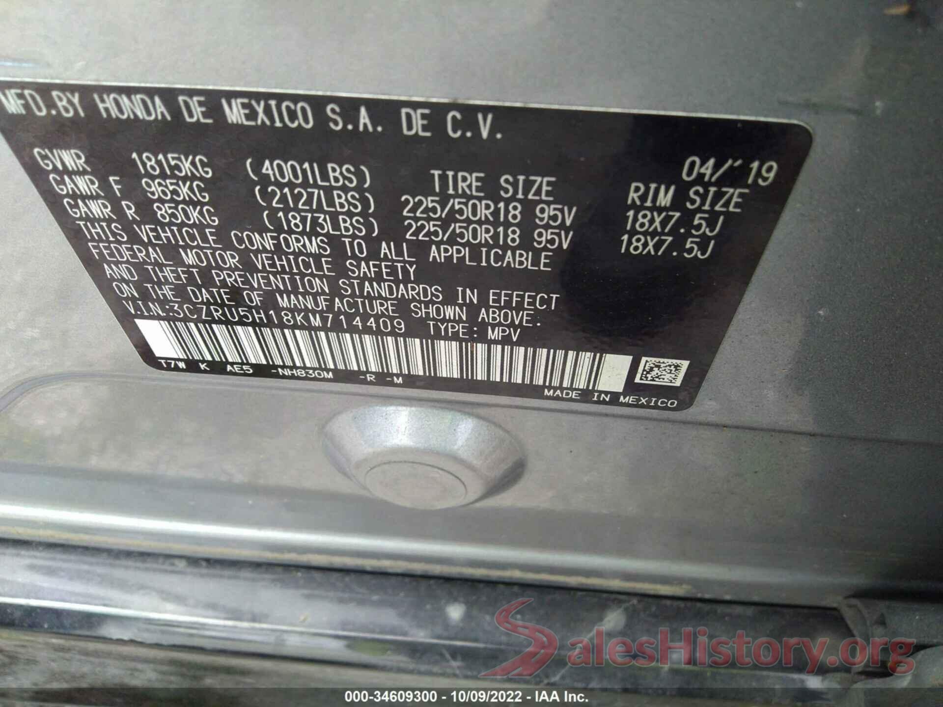 3CZRU5H18KM714409 2019 HONDA HR-V