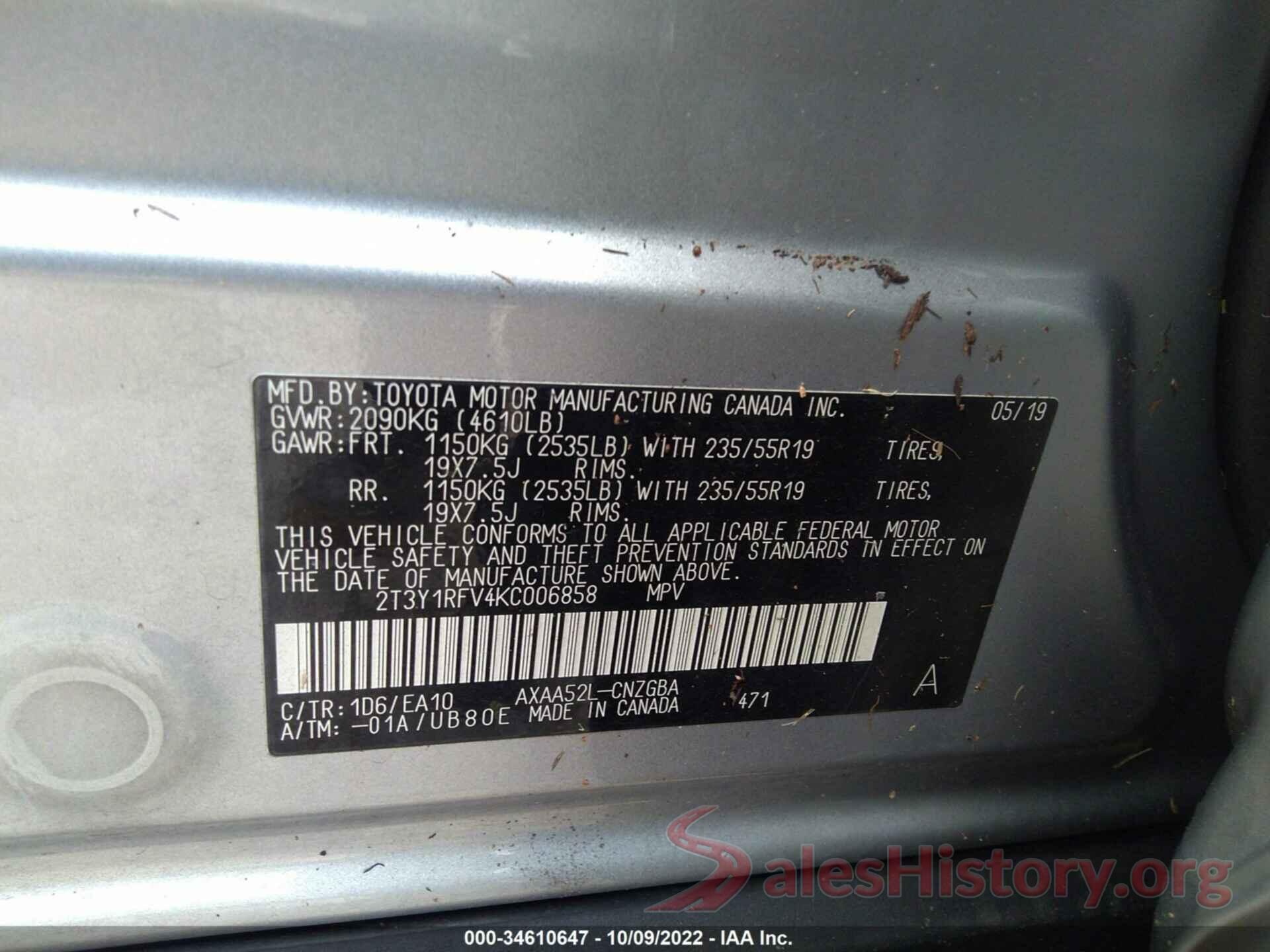 2T3Y1RFV4KC006858 2019 TOYOTA RAV4