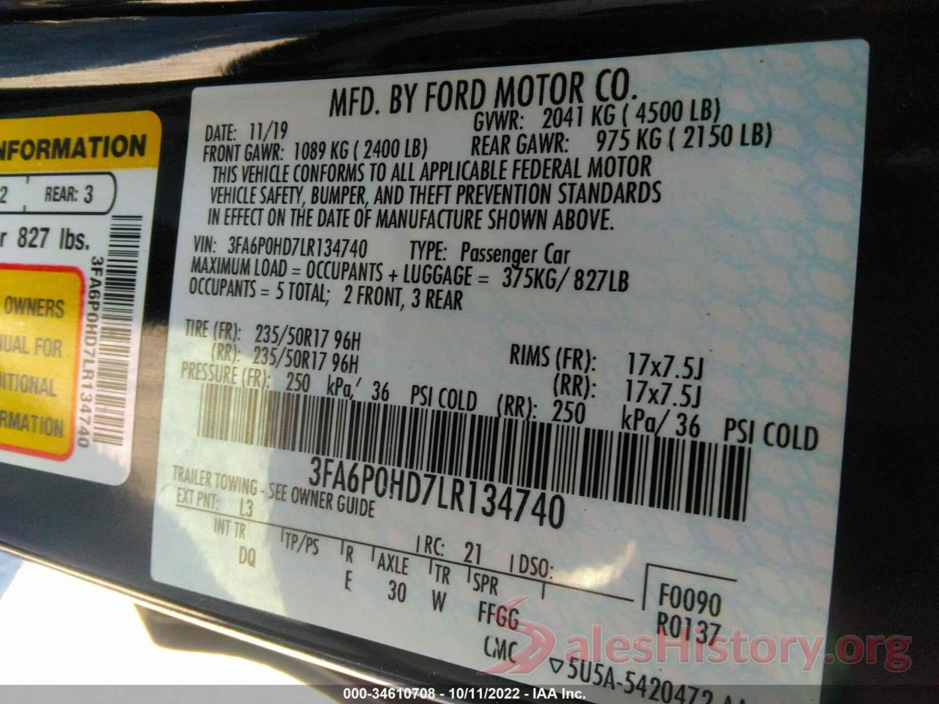 3FA6P0HD7LR134740 2020 FORD FUSION