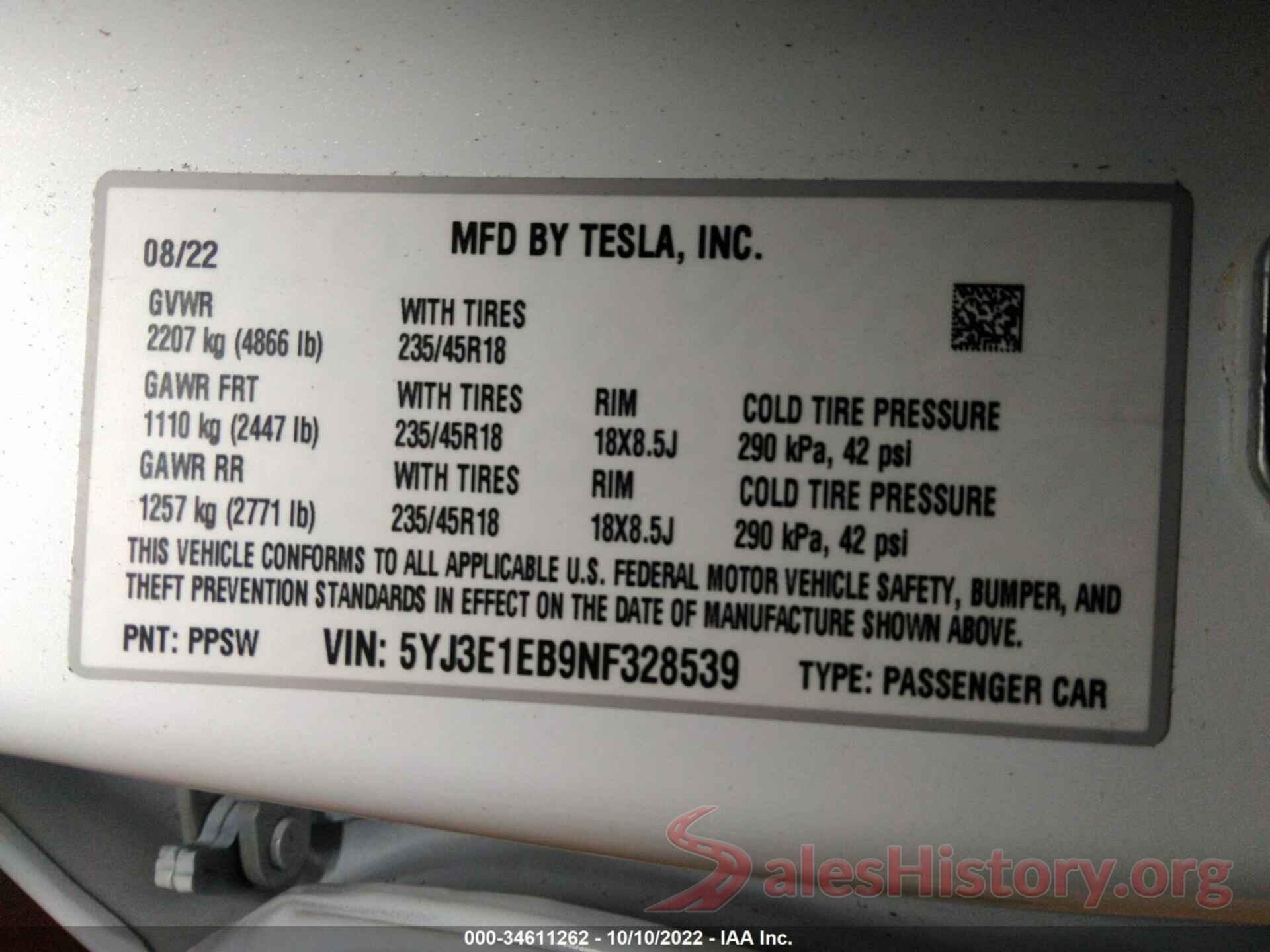 5YJ3E1EB9NF328539 2022 TESLA MODEL 3