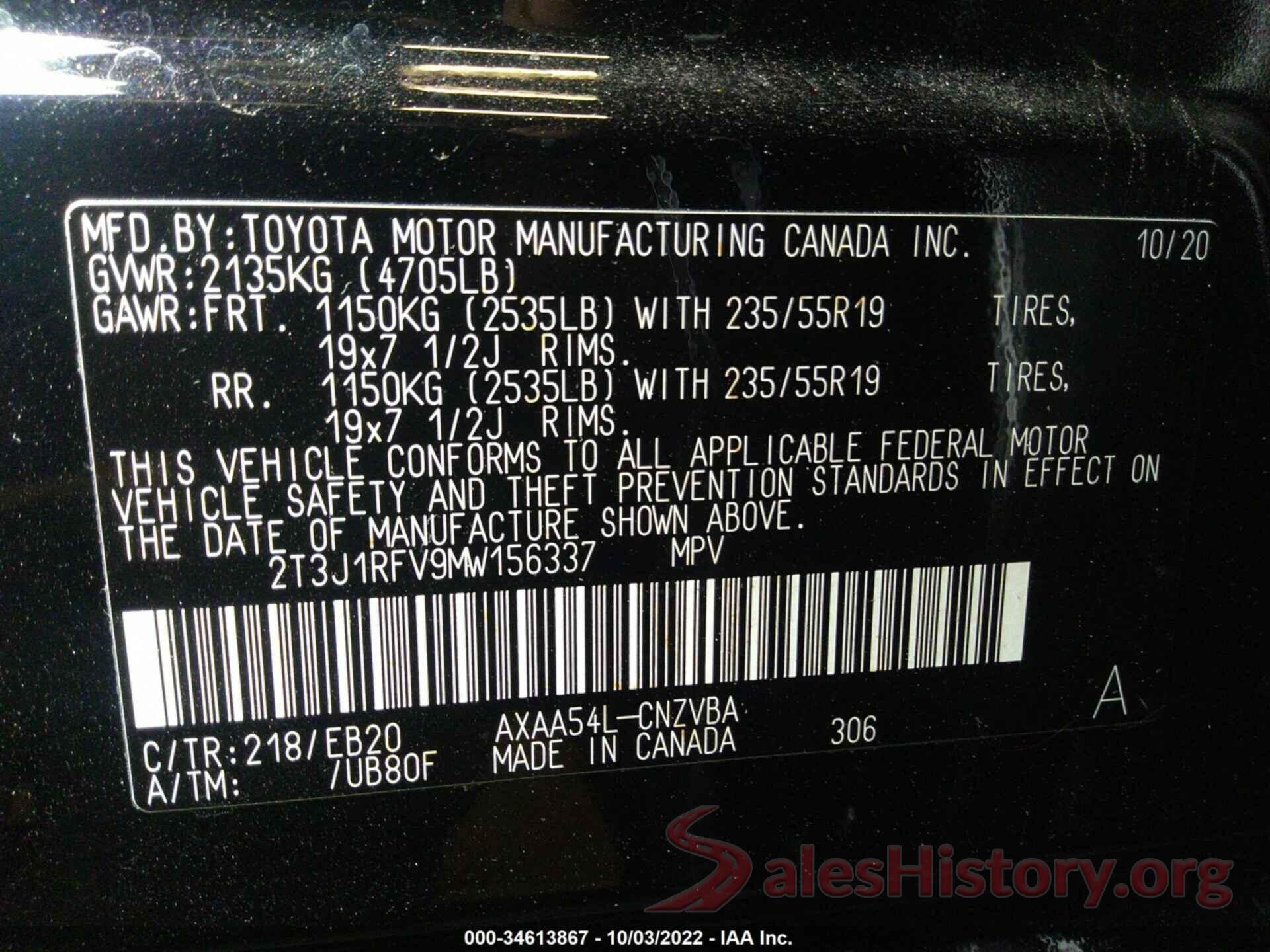 2T3J1RFV9MW156337 2021 TOYOTA RAV4