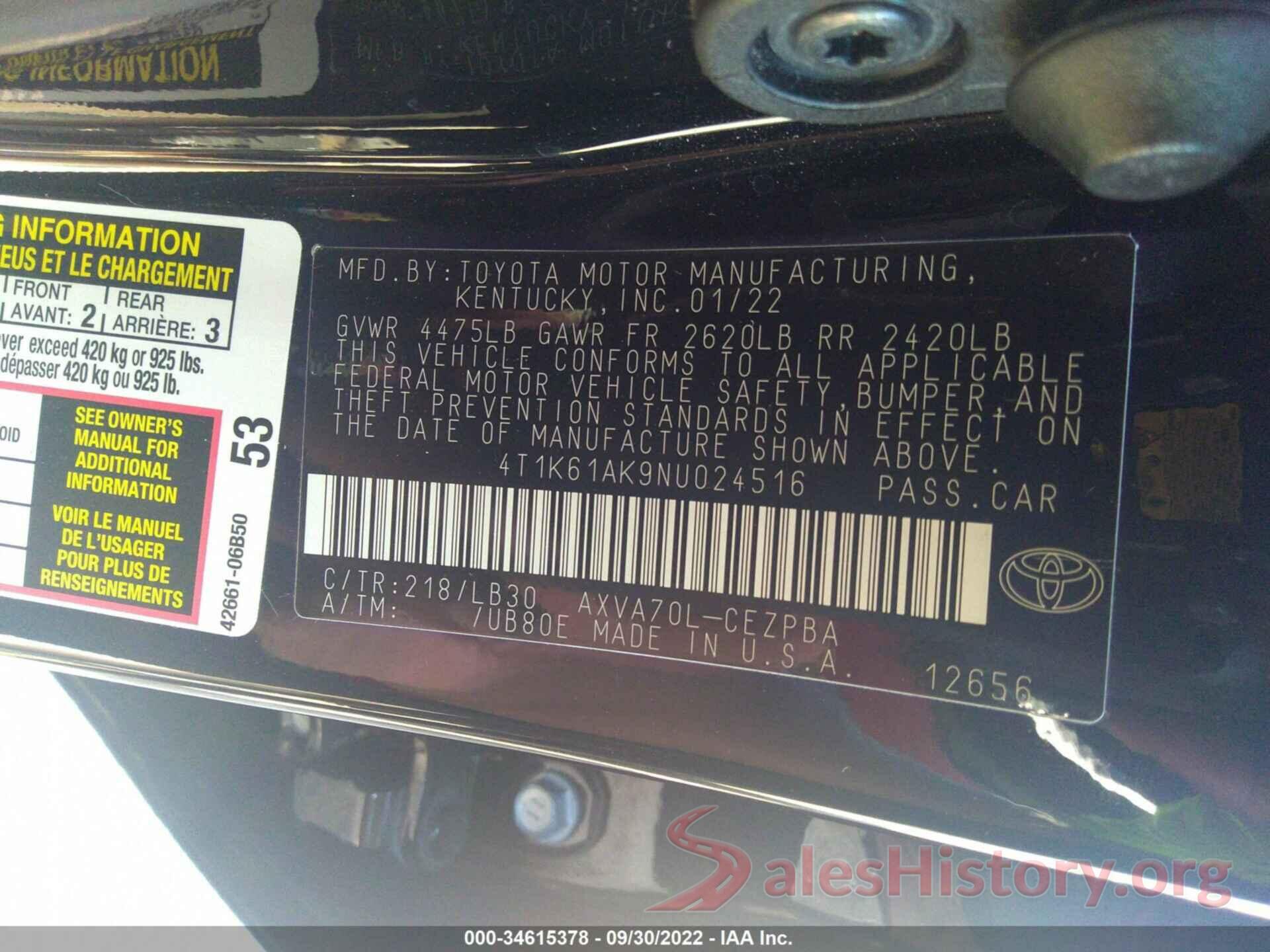 4T1K61AK9NU024516 2022 TOYOTA CAMRY