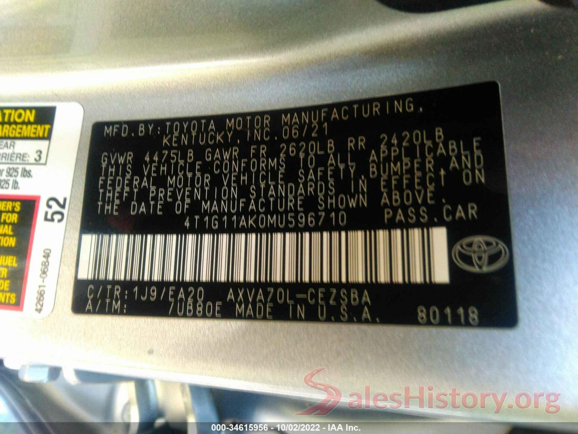 4T1G11AK0MU596710 2021 TOYOTA CAMRY