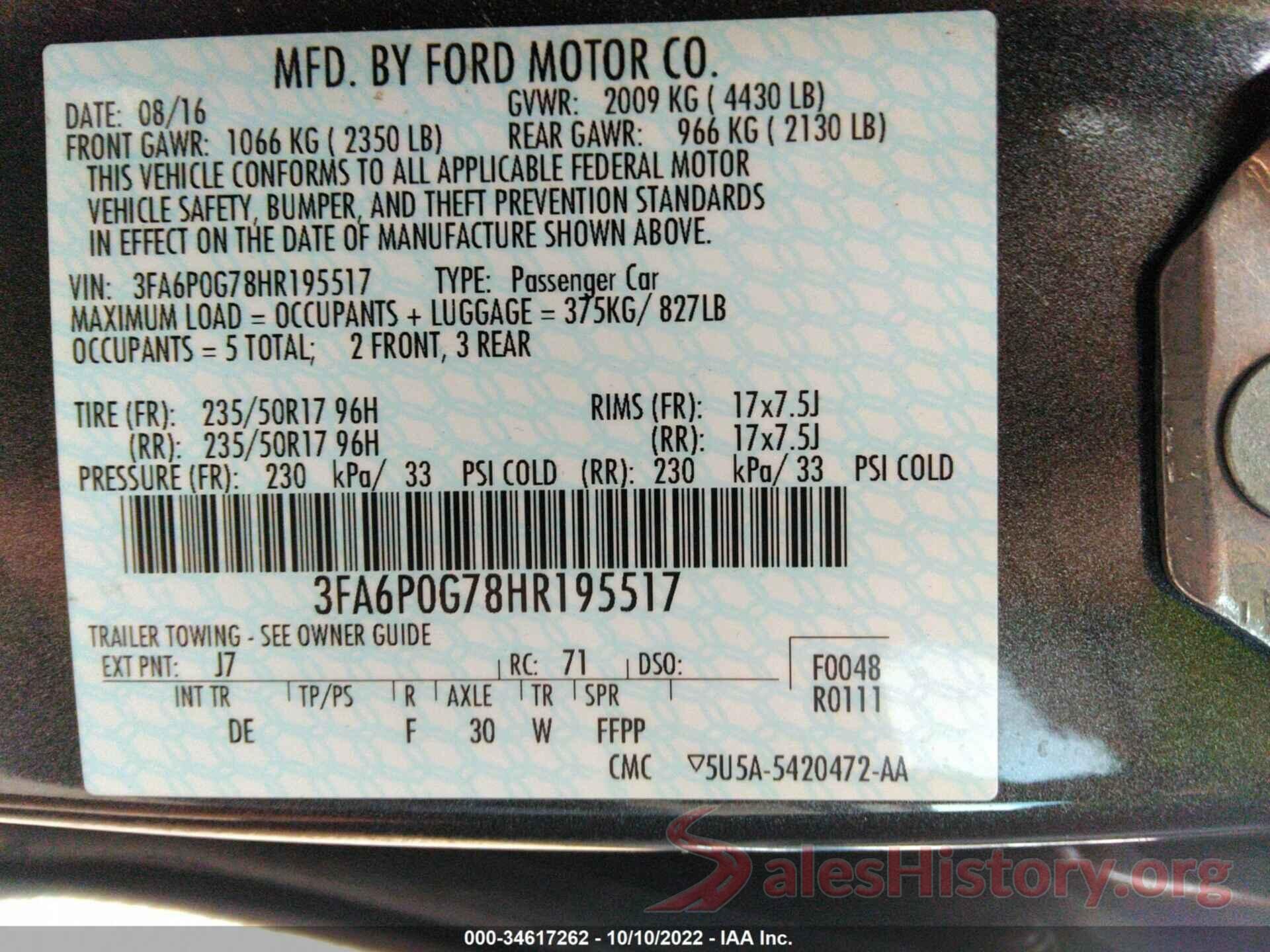 3FA6P0G78HR195517 2017 FORD FUSION