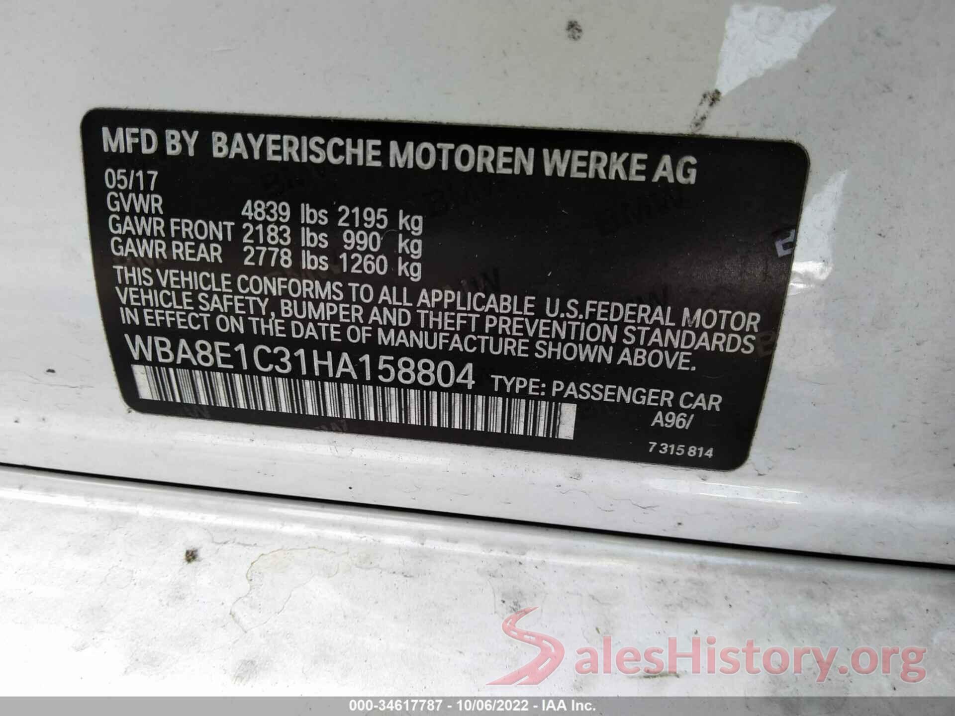 WBA8E1C31HA158804 2017 BMW 3 SERIES