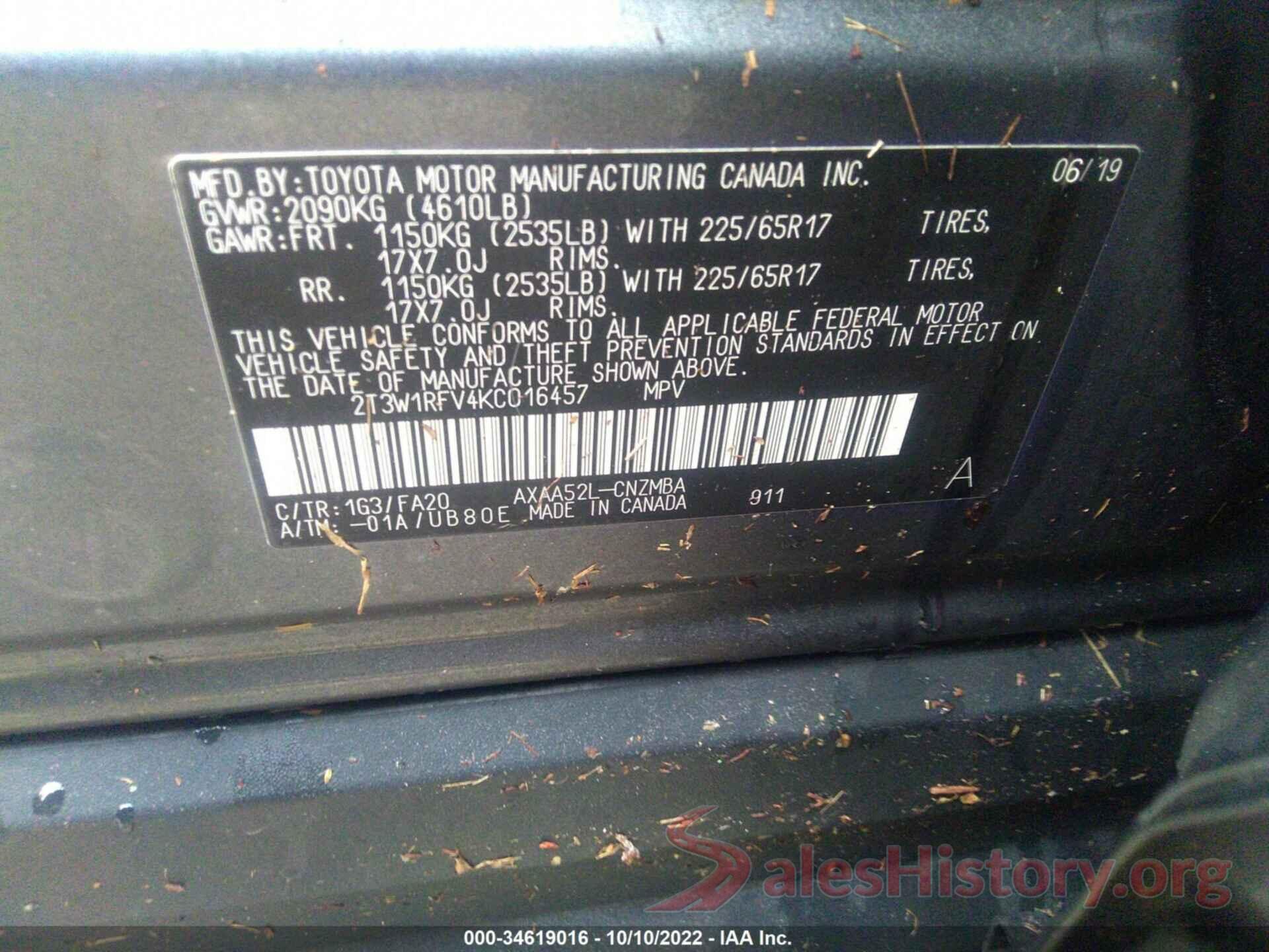 2T3W1RFV4KC016457 2019 TOYOTA RAV4