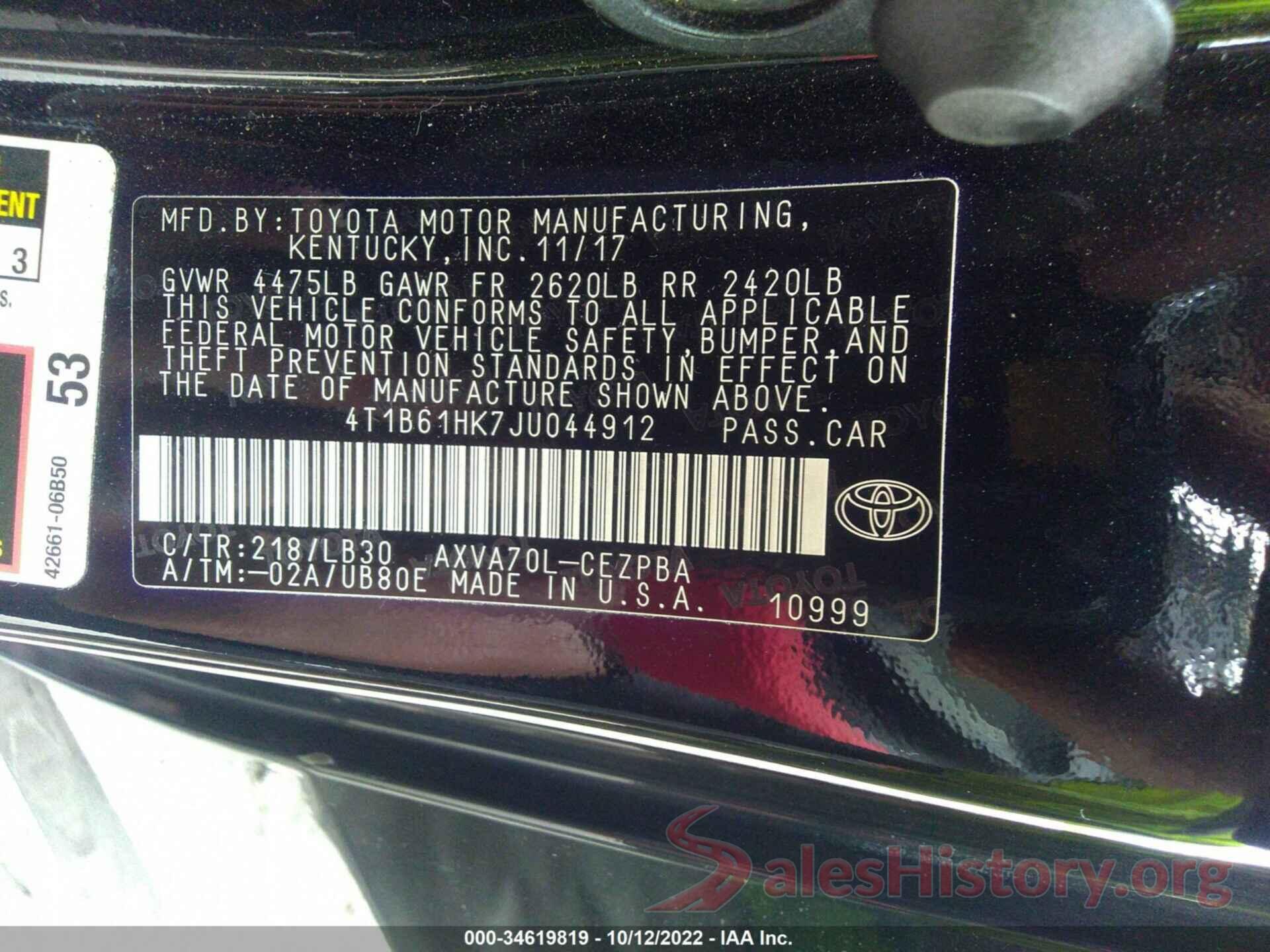 4T1B61HK7JU044912 2018 TOYOTA CAMRY