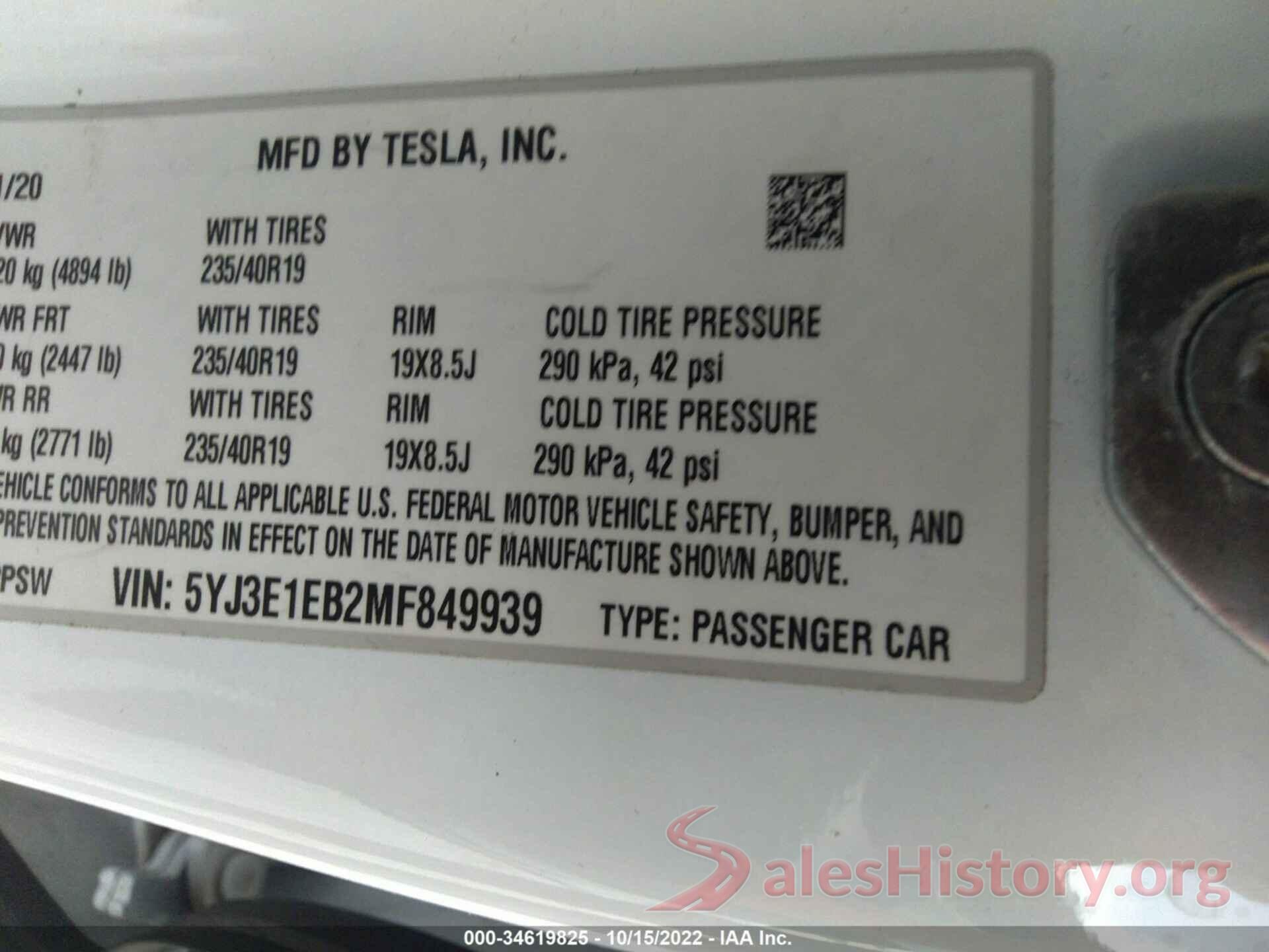 5YJ3E1EB2MF849939 2021 TESLA MODEL 3