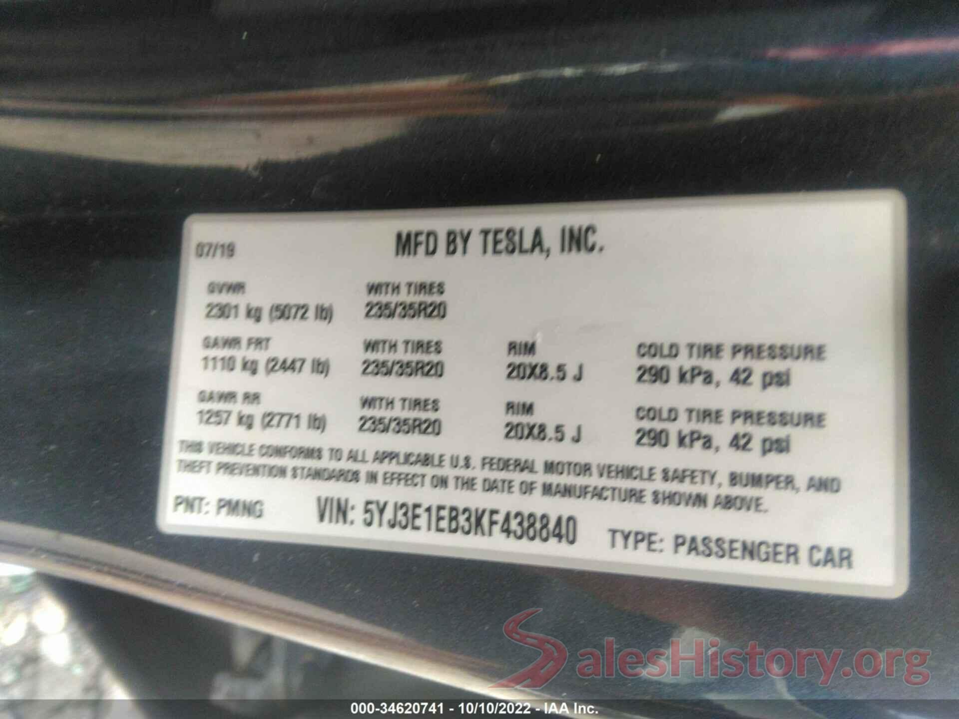 5YJ3E1EB3KF438840 2019 TESLA MODEL 3