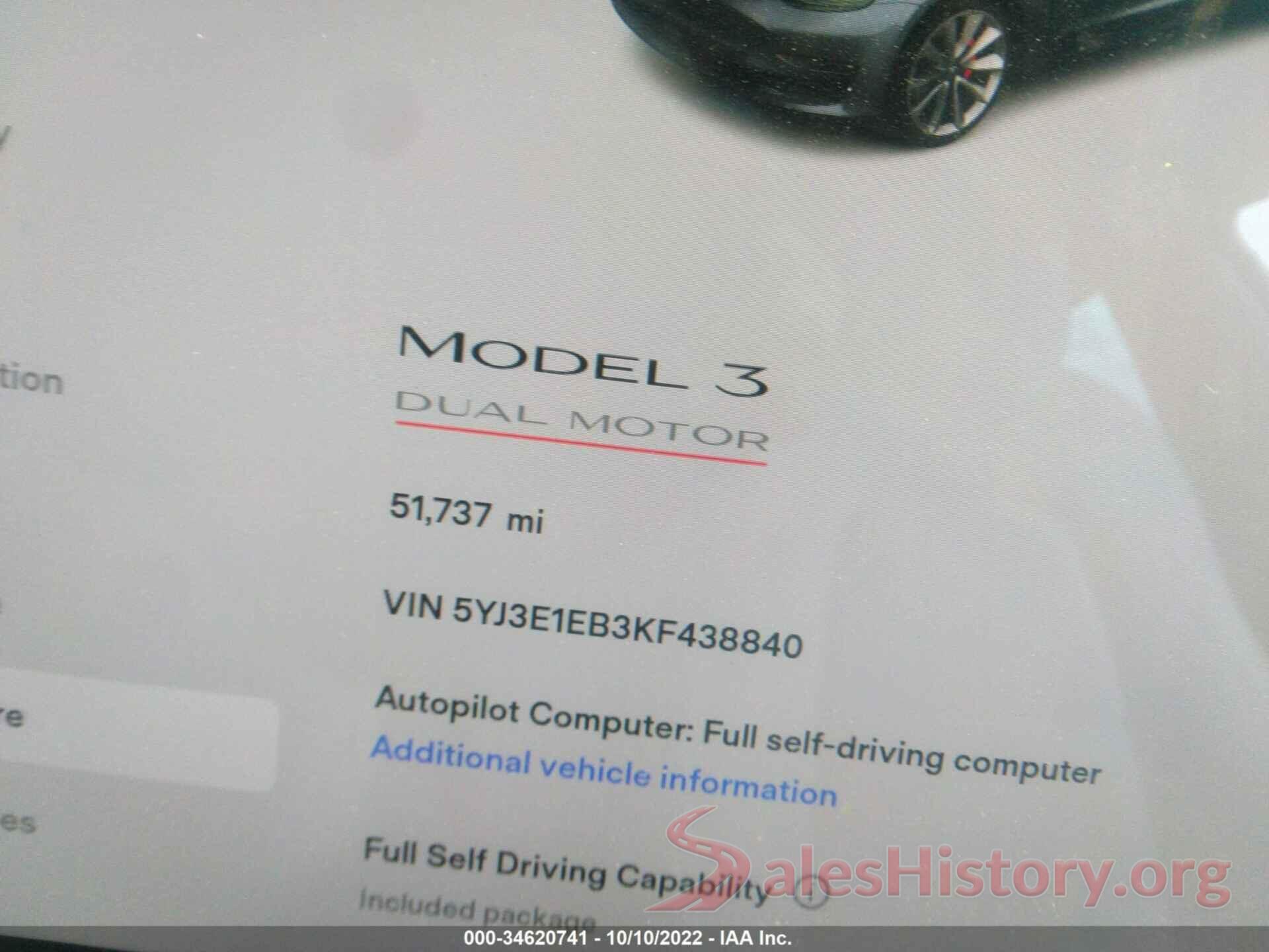 5YJ3E1EB3KF438840 2019 TESLA MODEL 3