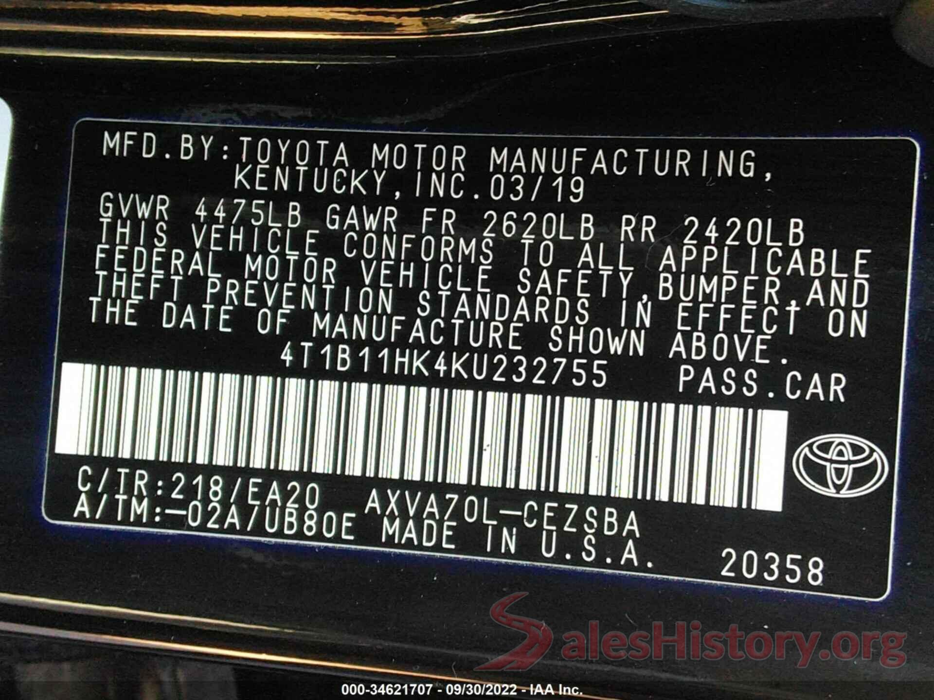 4T1B11HK4KU232755 2019 TOYOTA CAMRY