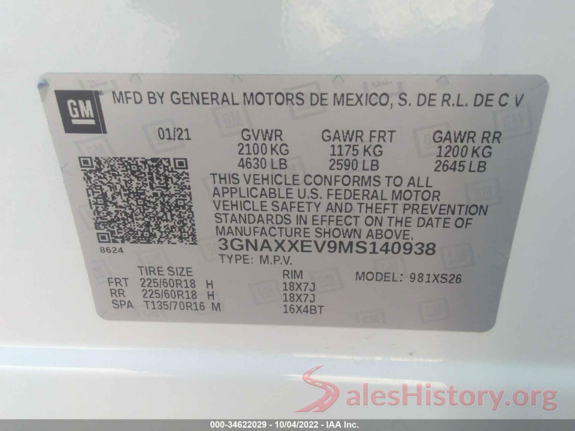 3GNAXXEV9MS140938 2021 CHEVROLET EQUINOX