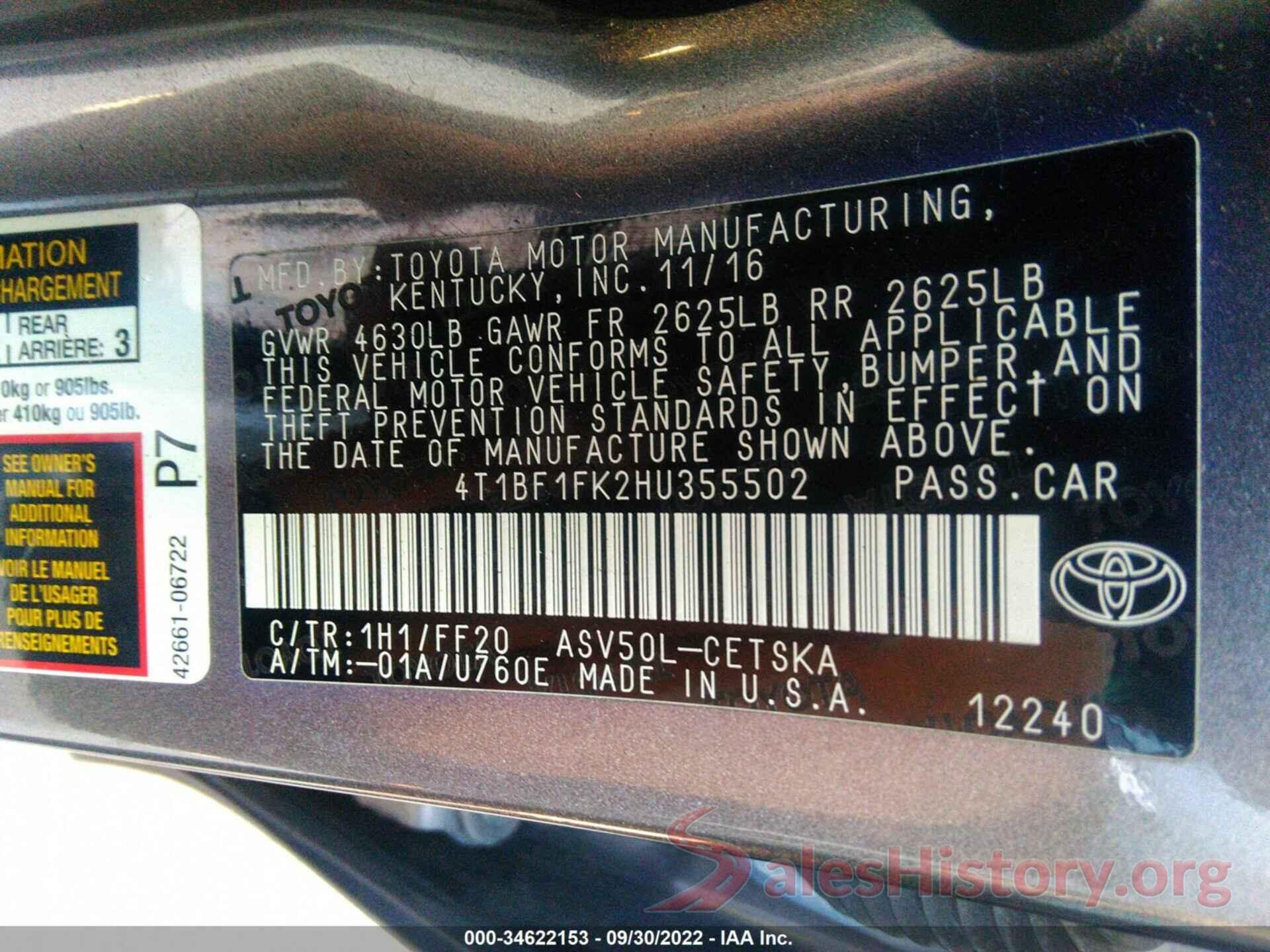 4T1BF1FK2HU355502 2017 TOYOTA CAMRY