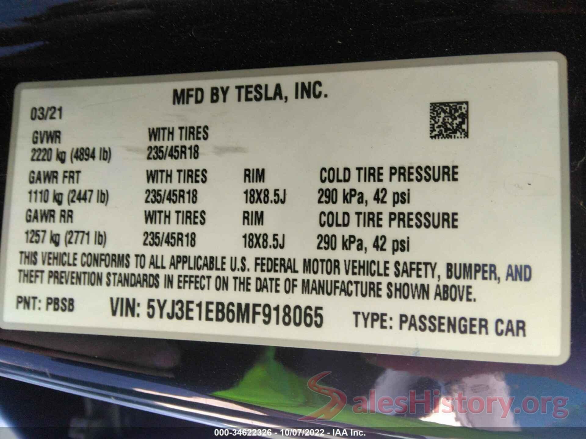 5YJ3E1EB6MF918065 2021 TESLA MODEL 3