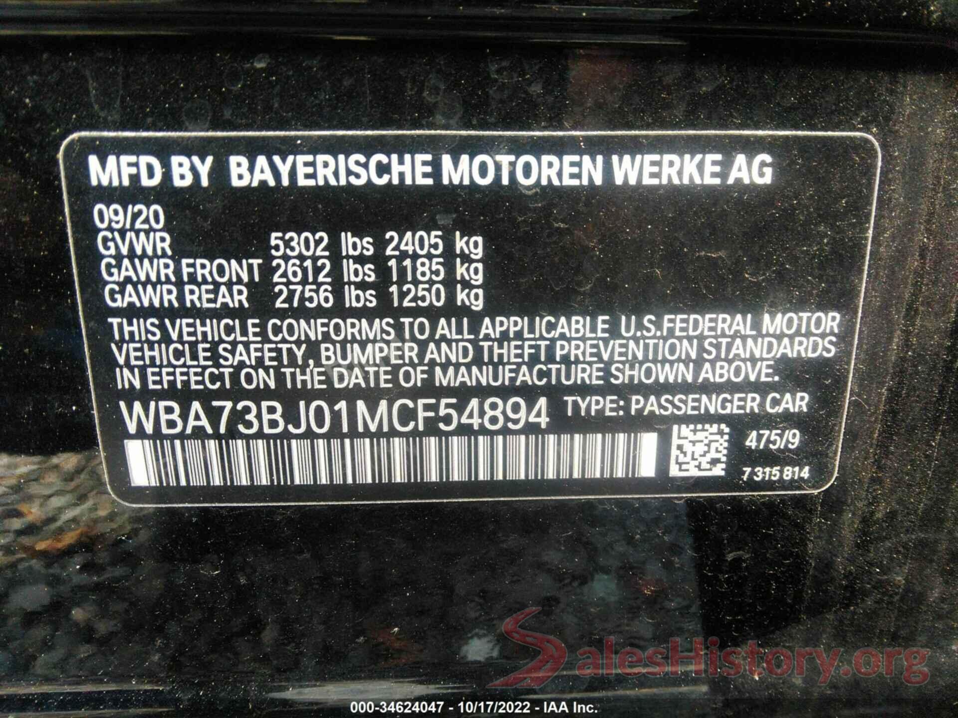 WBA73BJ01MCF54894 2021 BMW 5 SERIES