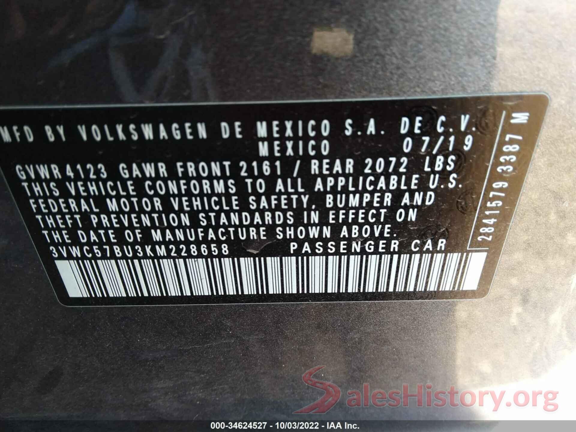 3VWC57BU3KM228658 2019 VOLKSWAGEN JETTA