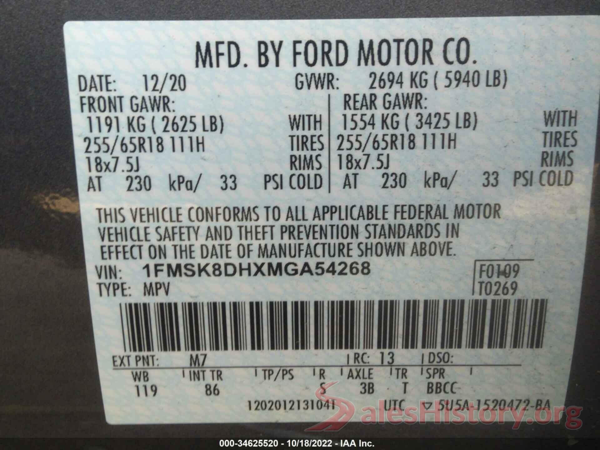 1FMSK8DHXMGA54268 2021 FORD EXPLORER