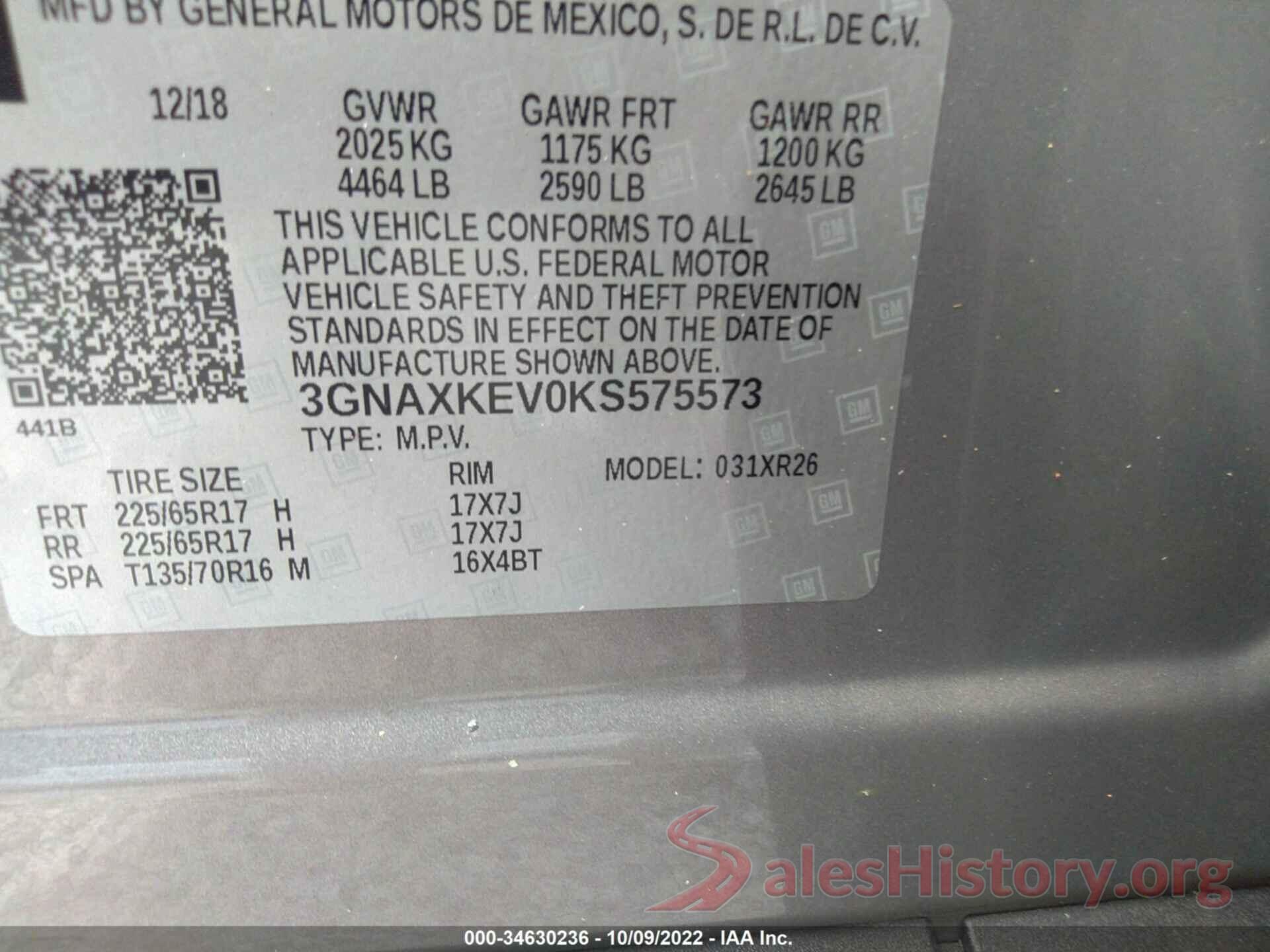 3GNAXKEV0KS575573 2019 CHEVROLET EQUINOX