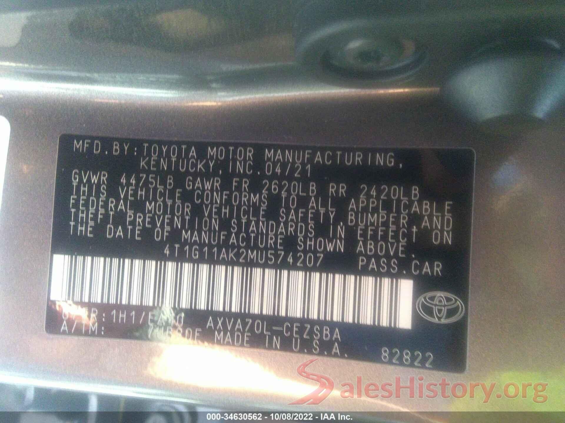 4T1G11AK2MU574207 2021 TOYOTA CAMRY