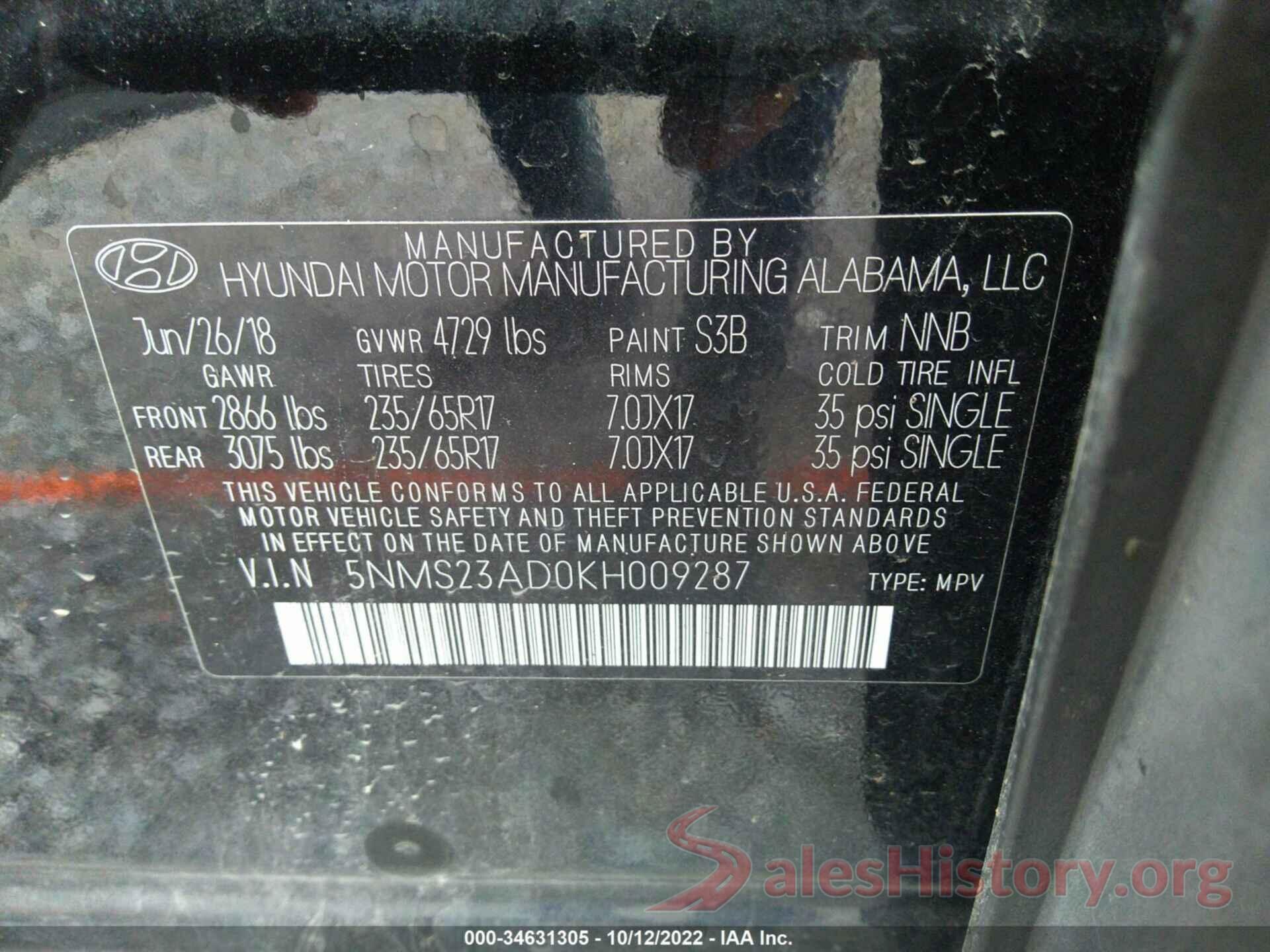 5NMS23AD0KH009287 2019 HYUNDAI SANTA FE