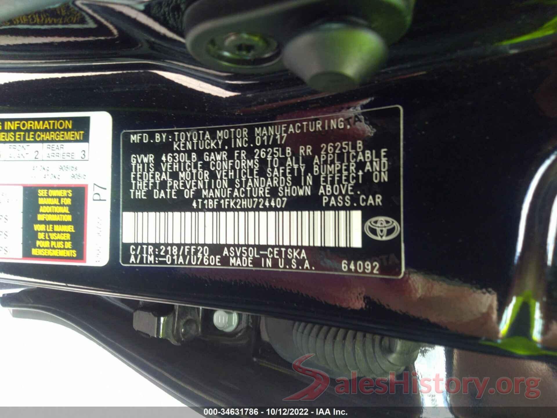 4T1BF1FK2HU724407 2017 TOYOTA CAMRY