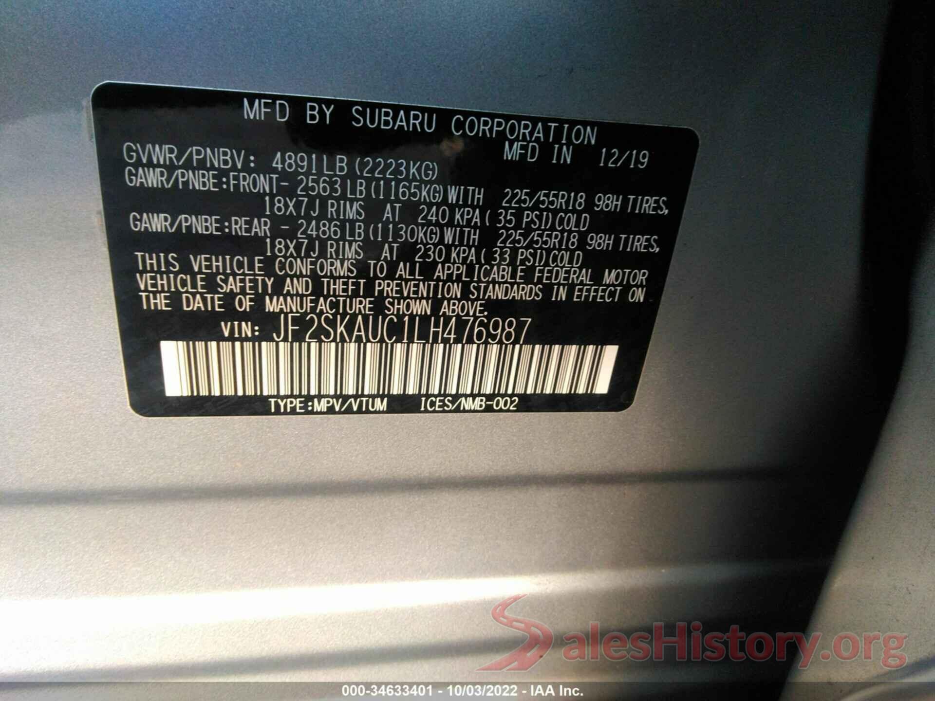 JF2SKAUC1LH476987 2020 SUBARU FORESTER