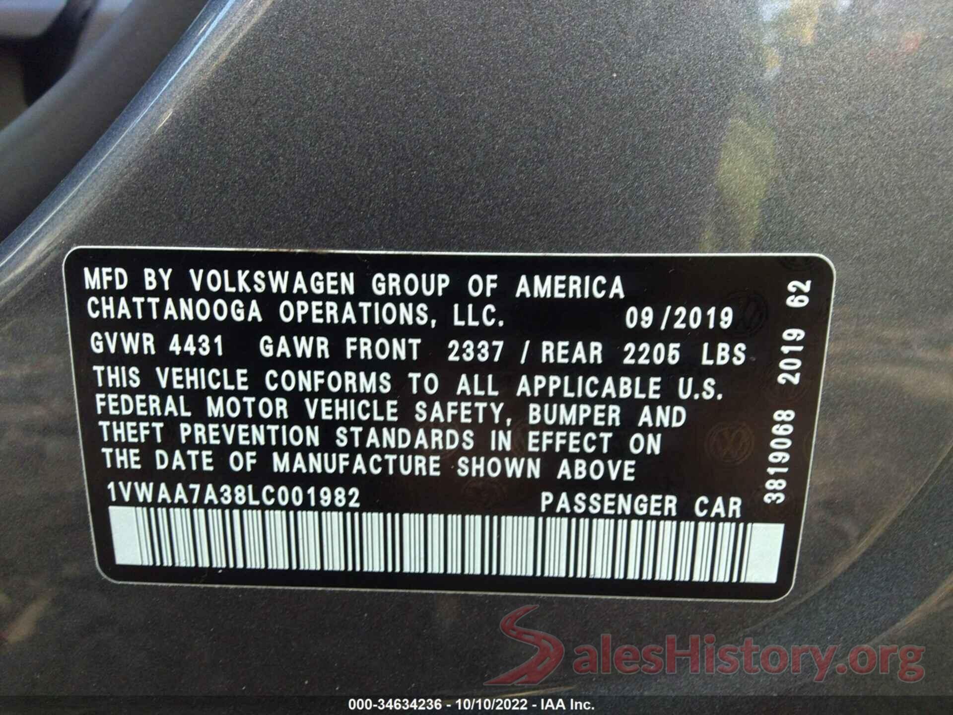 1VWAA7A38LC001982 2020 VOLKSWAGEN PASSAT