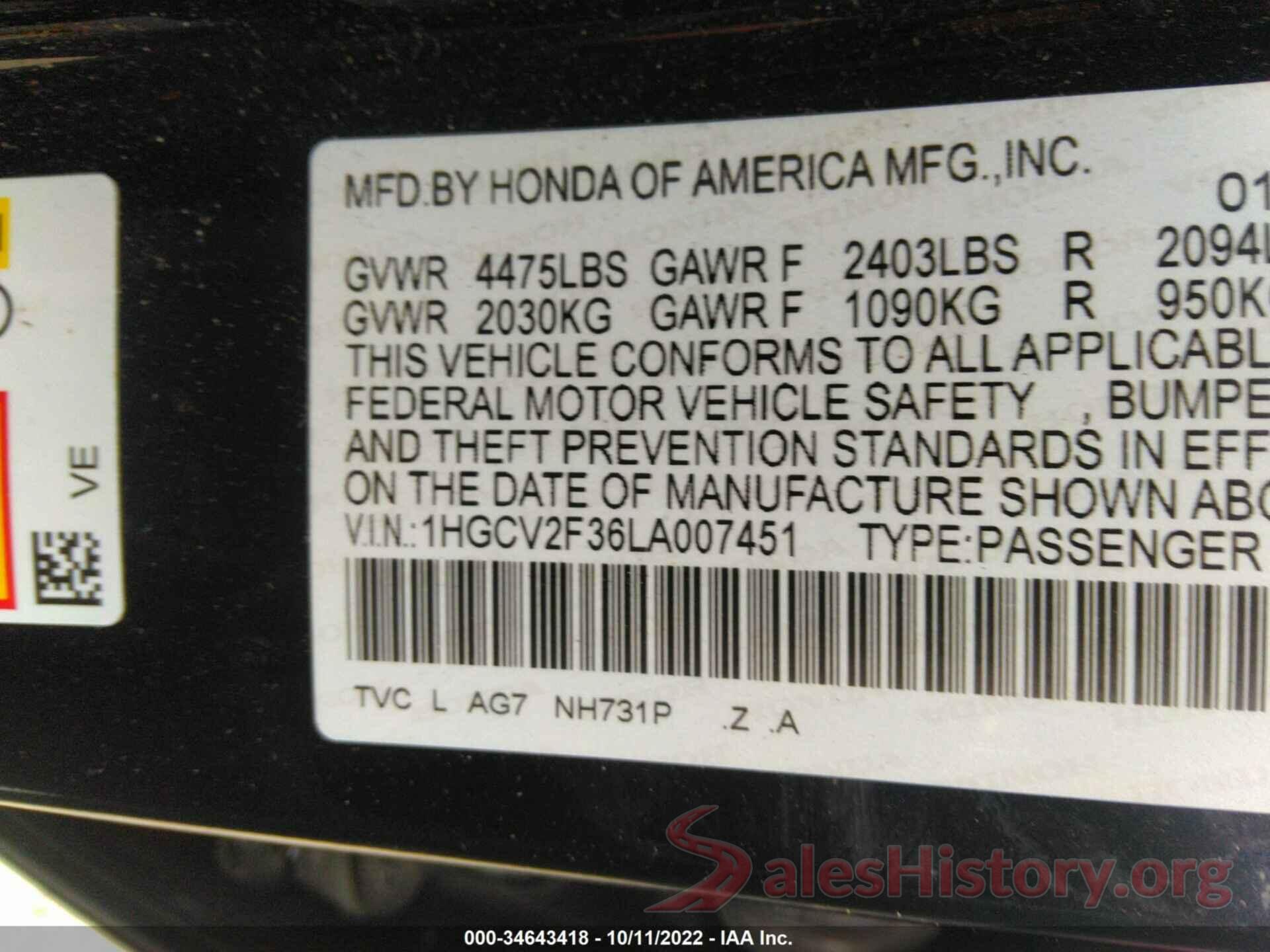 1HGCV2F36LA007451 2020 HONDA ACCORD SEDAN