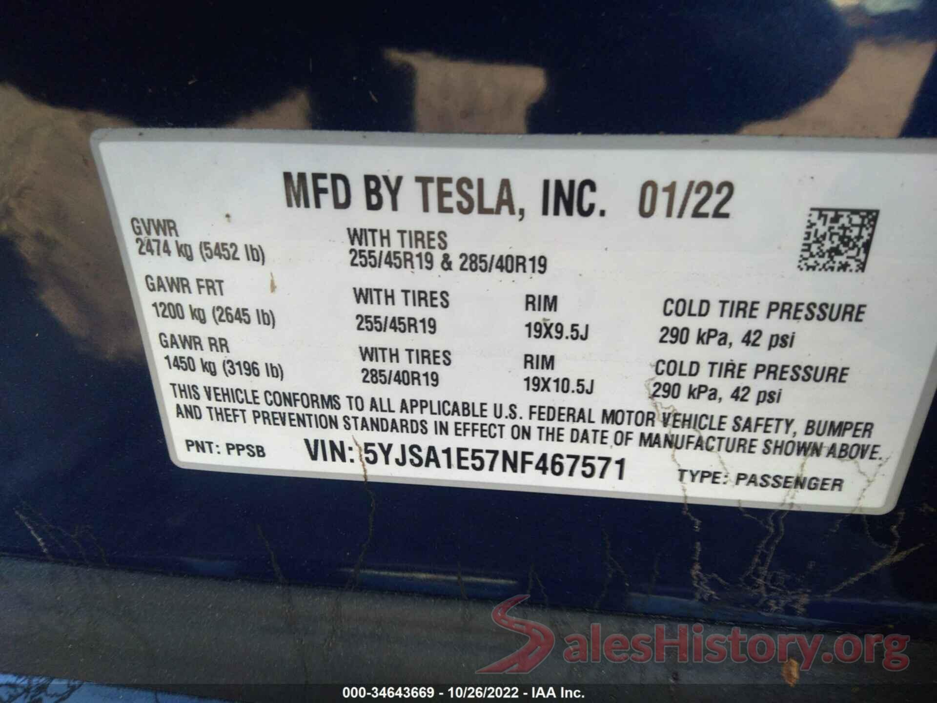 5YJSA1E57NF467571 2022 TESLA MODEL S