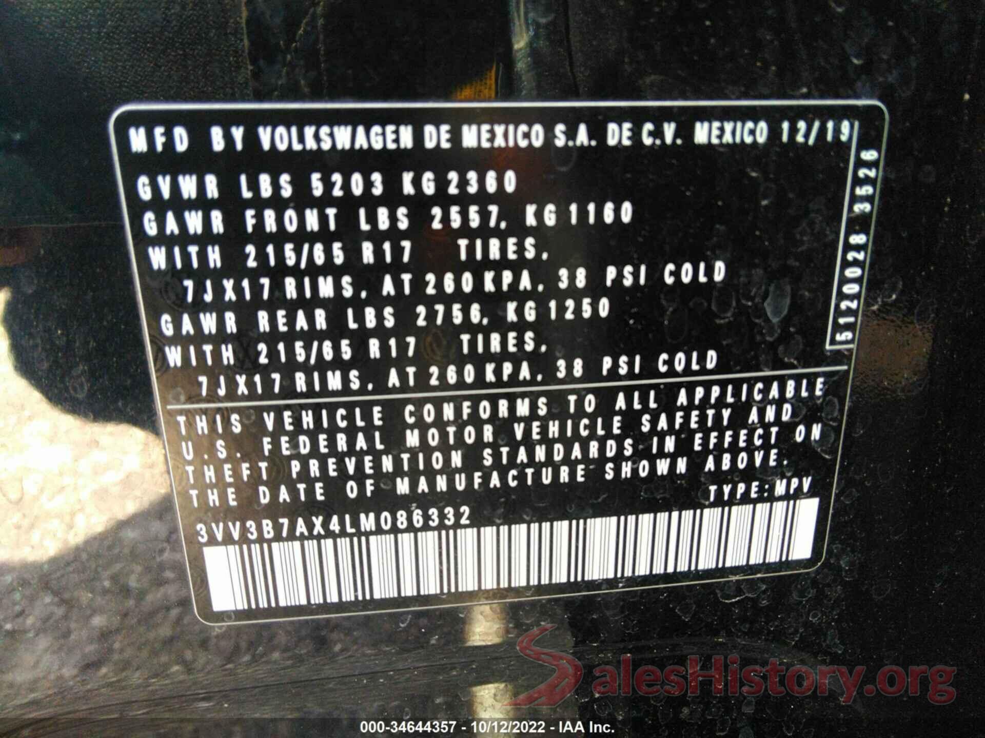 3VV3B7AX4LM086332 2020 VOLKSWAGEN TIGUAN