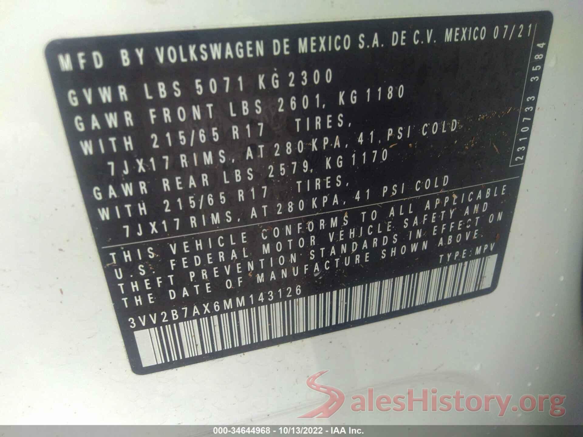 3VV2B7AX6MM143126 2021 VOLKSWAGEN TIGUAN