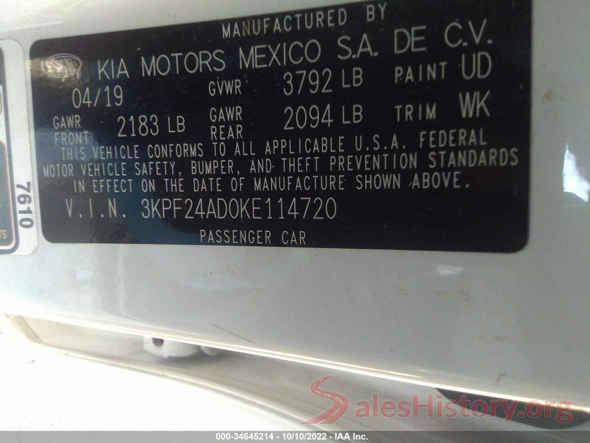 3KPF24AD0KE114720 2019 KIA FORTE