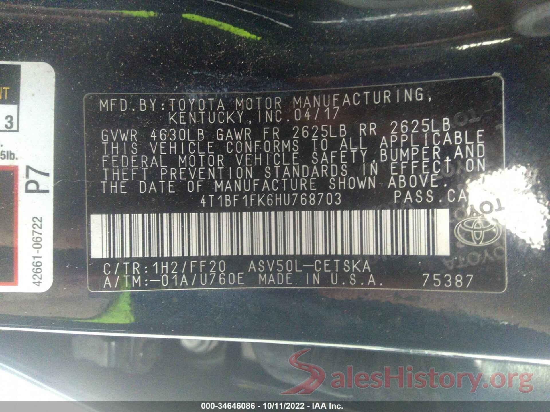 4T1BF1FK6HU768703 2017 TOYOTA CAMRY