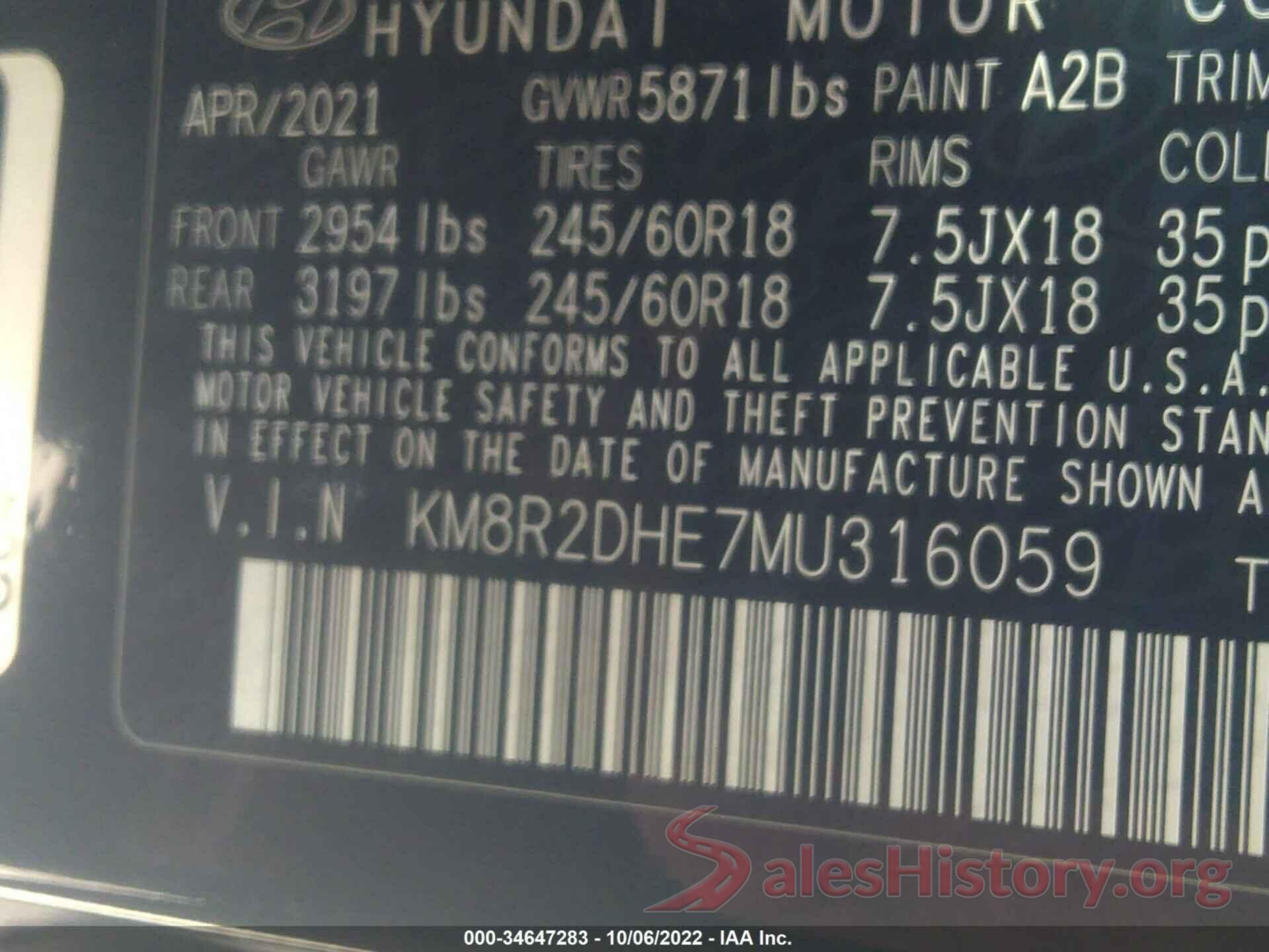 KM8R2DHE7MU316059 2021 HYUNDAI PALISADE