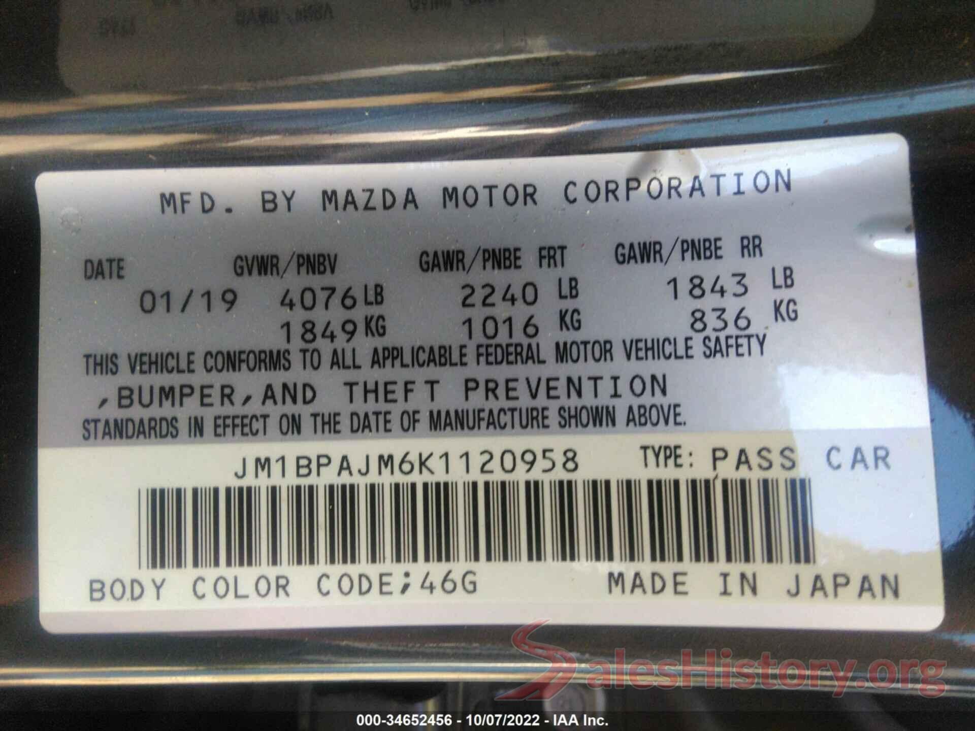 JM1BPAJM6K1120958 2019 MAZDA MAZDA3 HATCHBACK