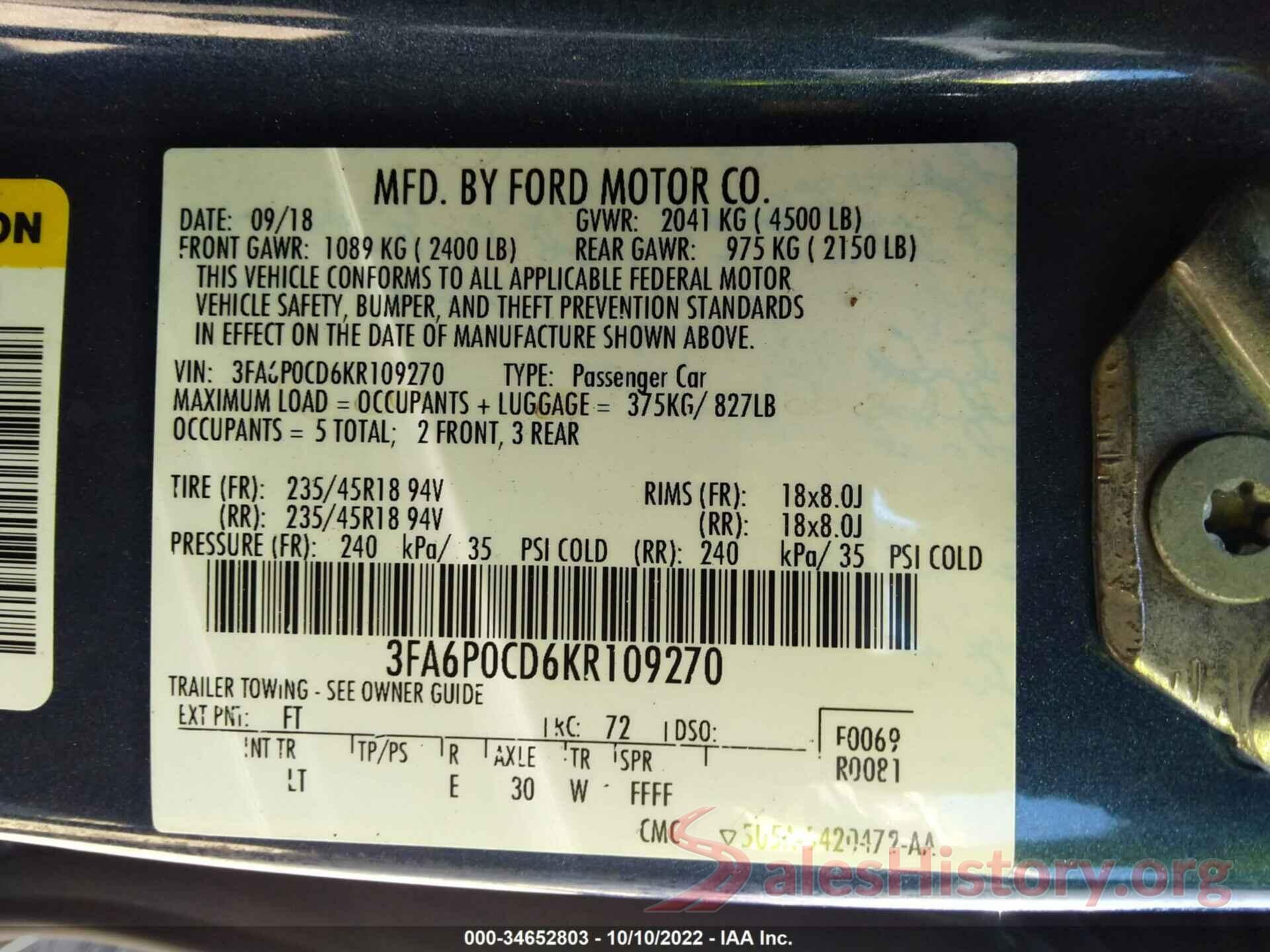 3FA6P0CD6KR109270 2019 FORD FUSION