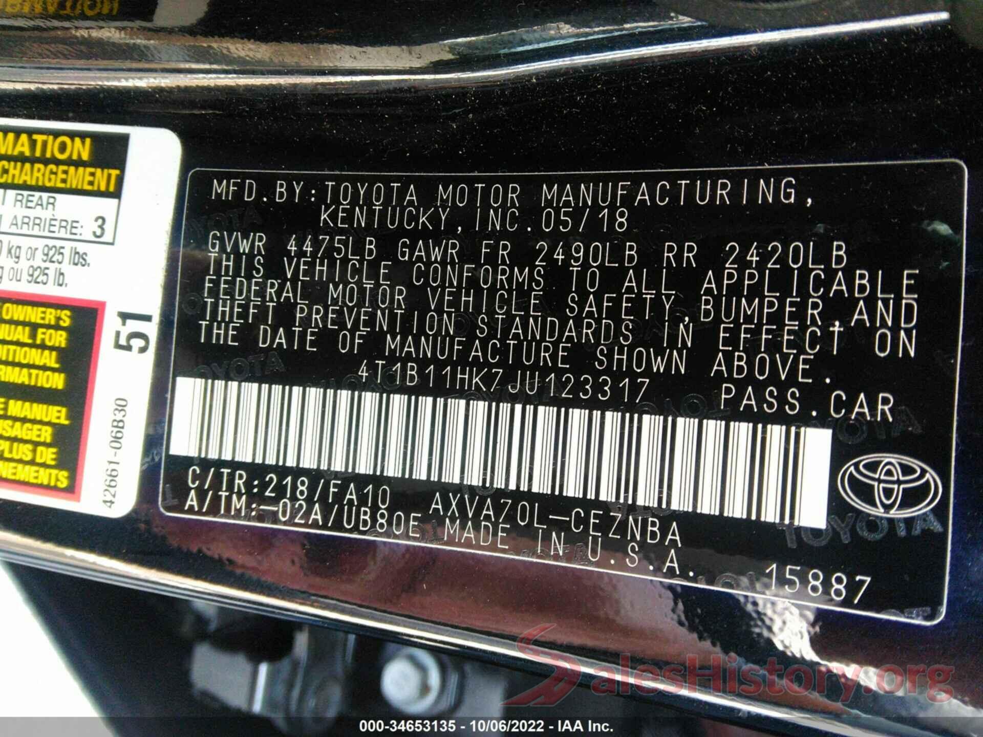 4T1B11HK7JU123317 2018 TOYOTA CAMRY