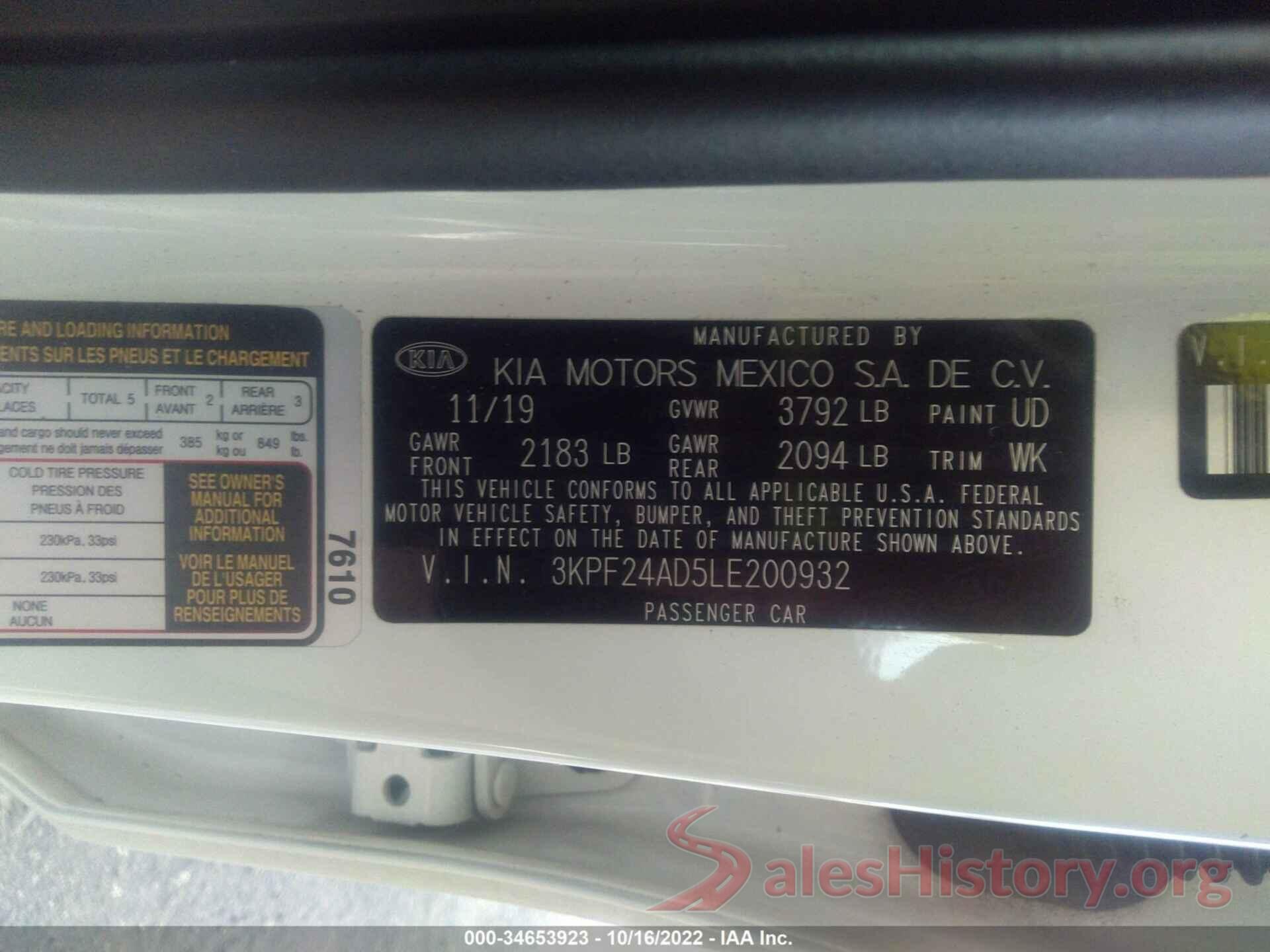 3KPF24AD5LE200932 2020 KIA FORTE