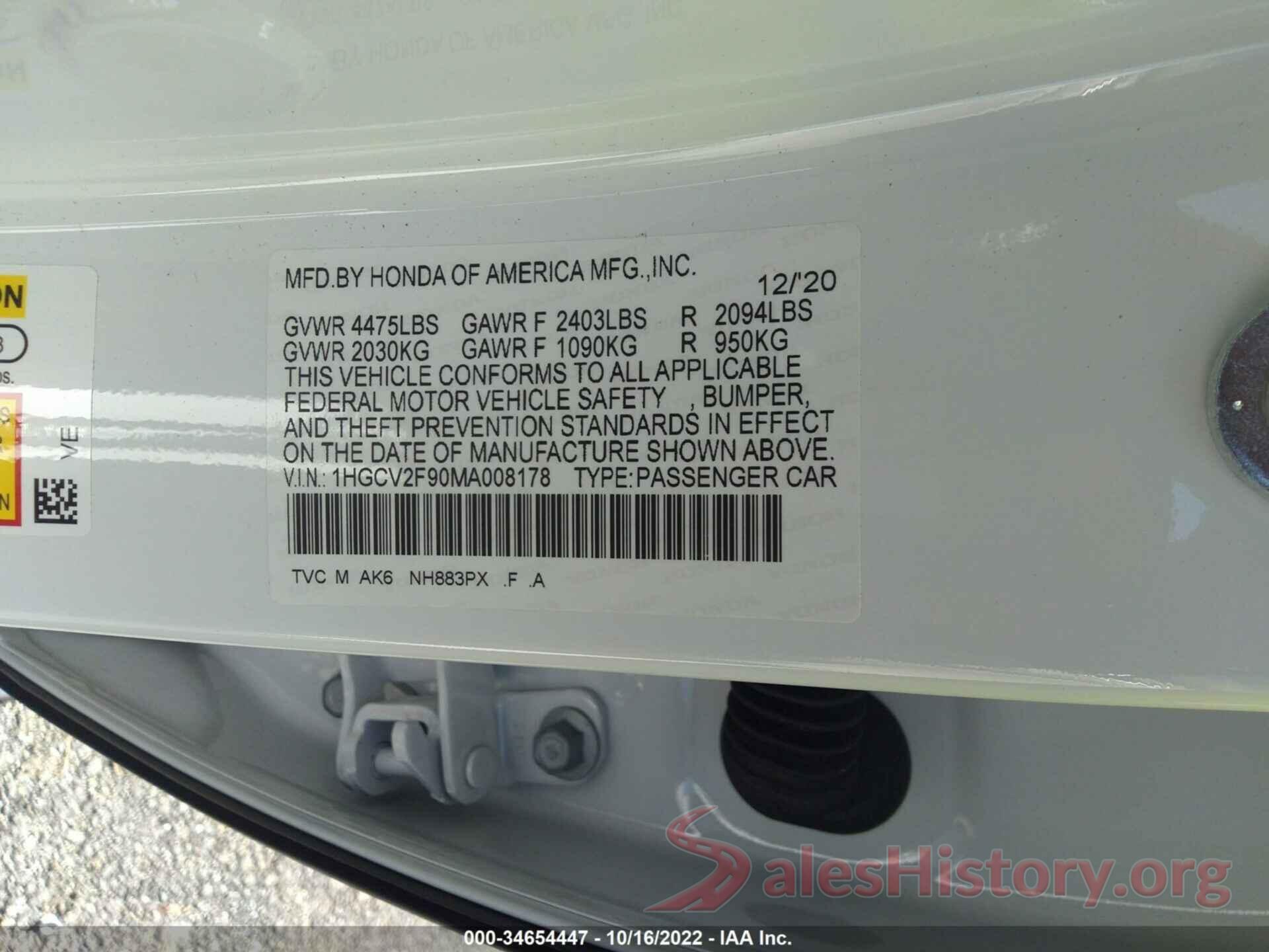 1HGCV2F90MA008178 2021 HONDA ACCORD SEDAN