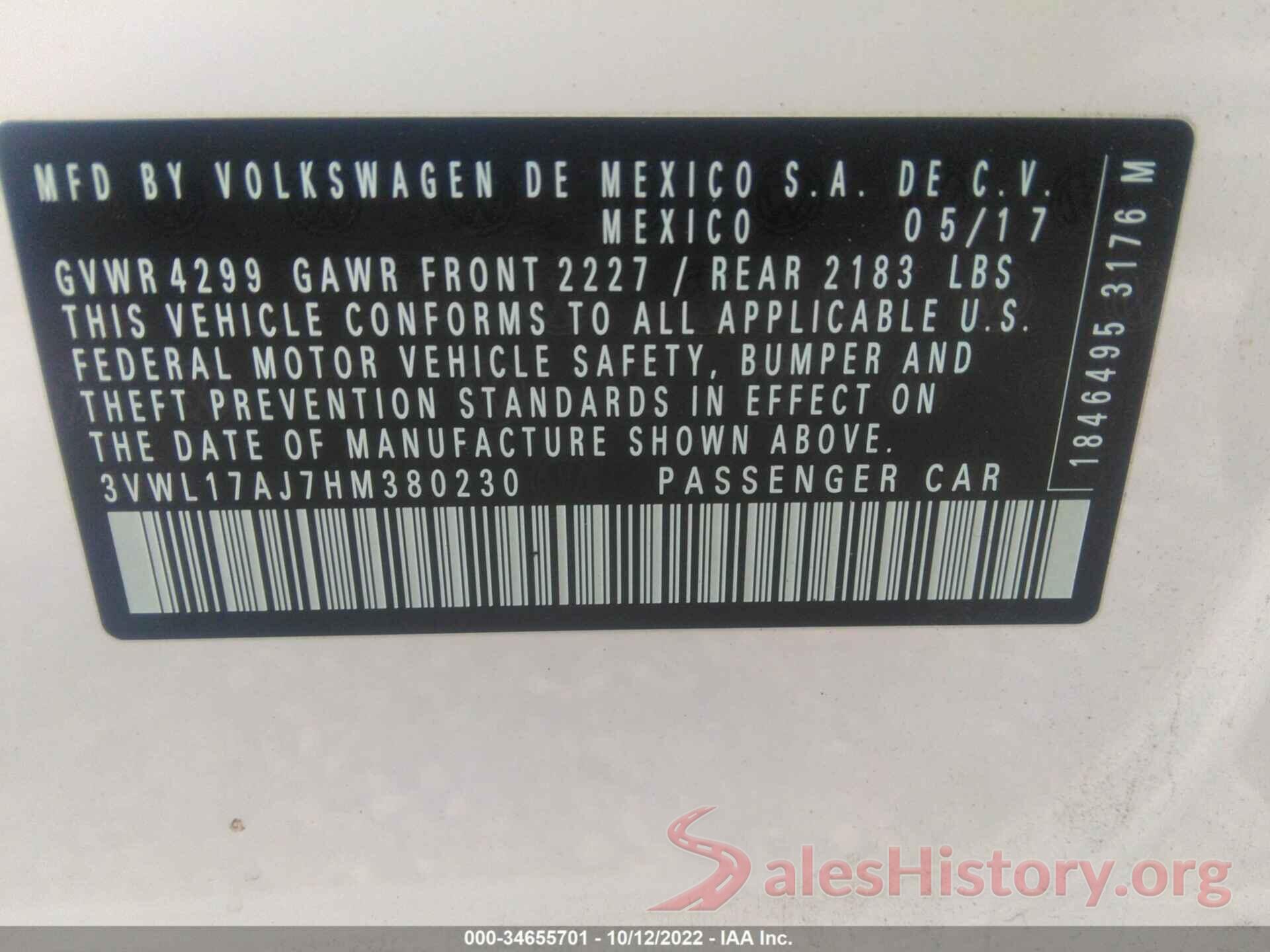 3VWL17AJ7HM380230 2017 VOLKSWAGEN JETTA