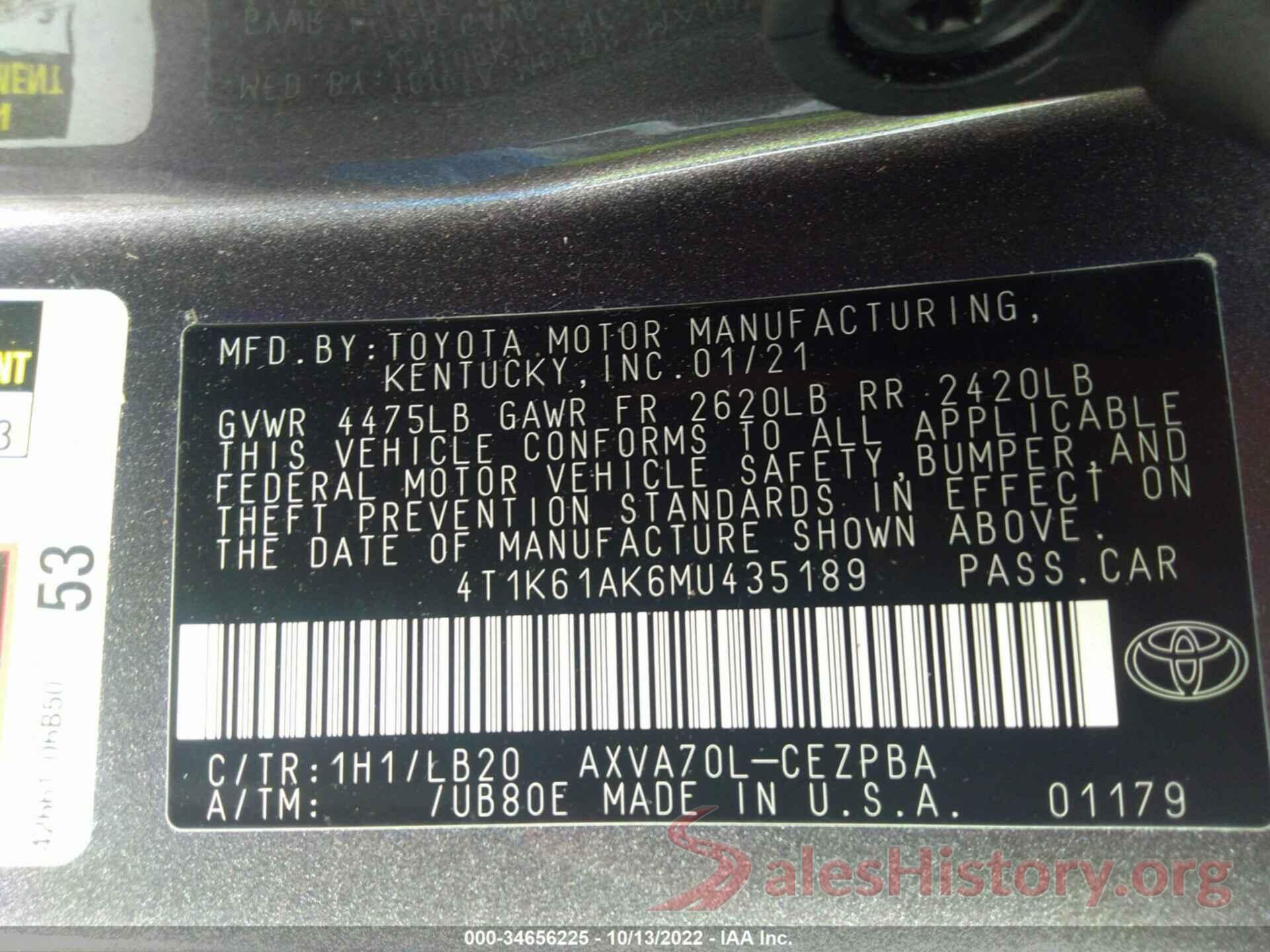 4T1K61AK6MU435189 2021 TOYOTA CAMRY